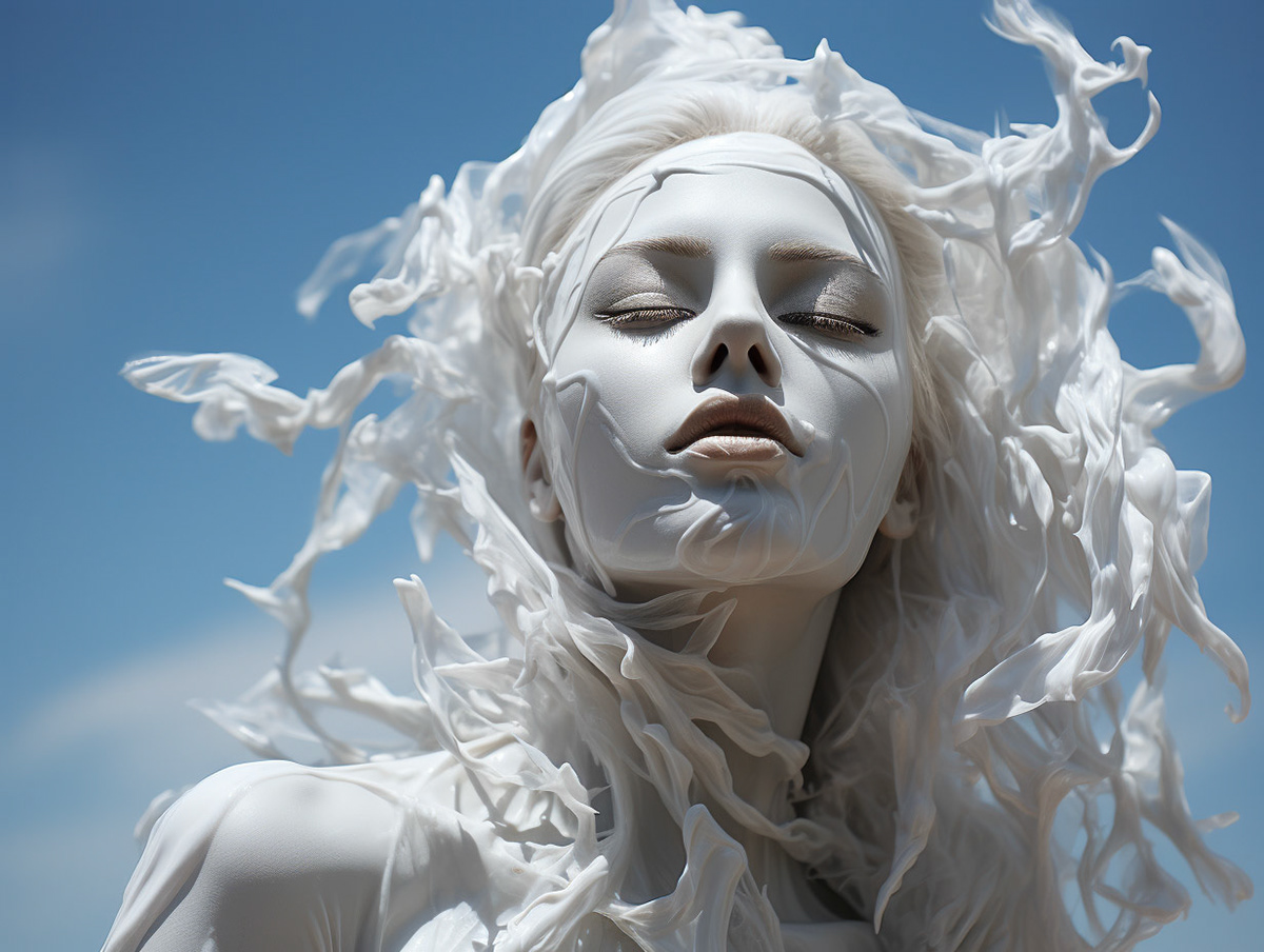 high-quality photography ::2 white threads descending vertically from the sky forming an oversized head ::3 almost black-and-white with a hint of blue --ar 4:3 --style raw --stylize 750 --v 5.2 Job ID: c4f96586-2e35-4e77-8c62-b73f19c12725