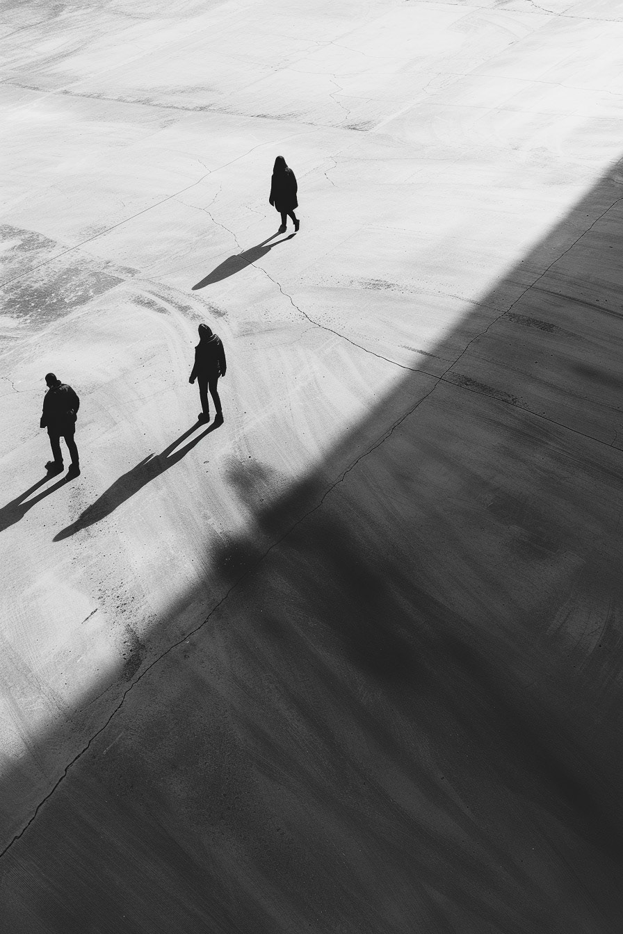 A black and white photograph taken from a height of around 5 meters, angled downwards towards a smooth, featureless concrete surface. No horizon or sky should be visible, only the concrete ground and two to three individuals located in close proximity to the camera. The individuals should be depicted ghost like, with motion blur to accentuate their movement across the surface and amplify the sense of their isolation in a vast empty space. The image should be framed with an irregular, textured, and dark border, simulating the aesthetic of an old photo or a poorly executed contact print, to create an atmosphere of solitude and antiquity. --ar 2:3 --style raw Job ID: e4487598-2732-471b-a383-8847c11e22d8