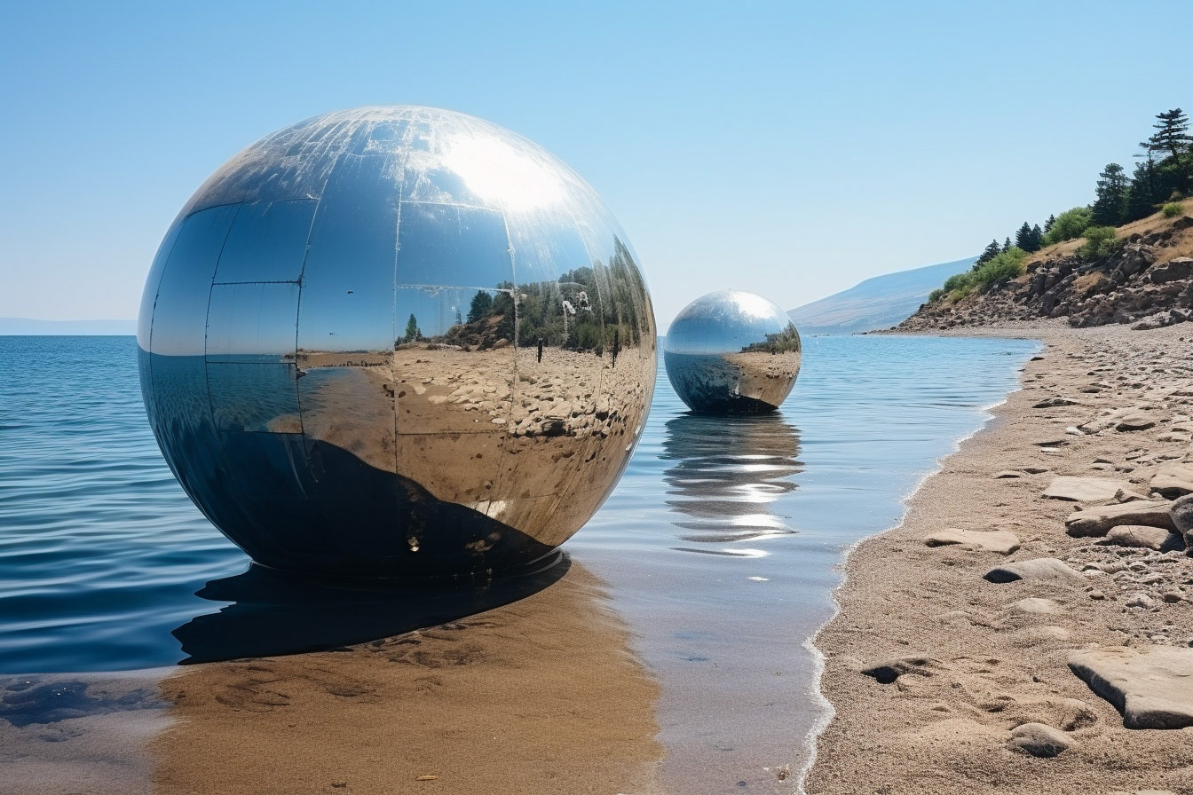 Two gigantic 1km diameter spheres are emerging from the sea, interfering with clouds in the atmosphere, realistic documentary photography --ar 3:2 --style raw --stylize 750 --v 5.2 Job ID: 00eb24a1-53e7-4510-b560-85035a93ac06
