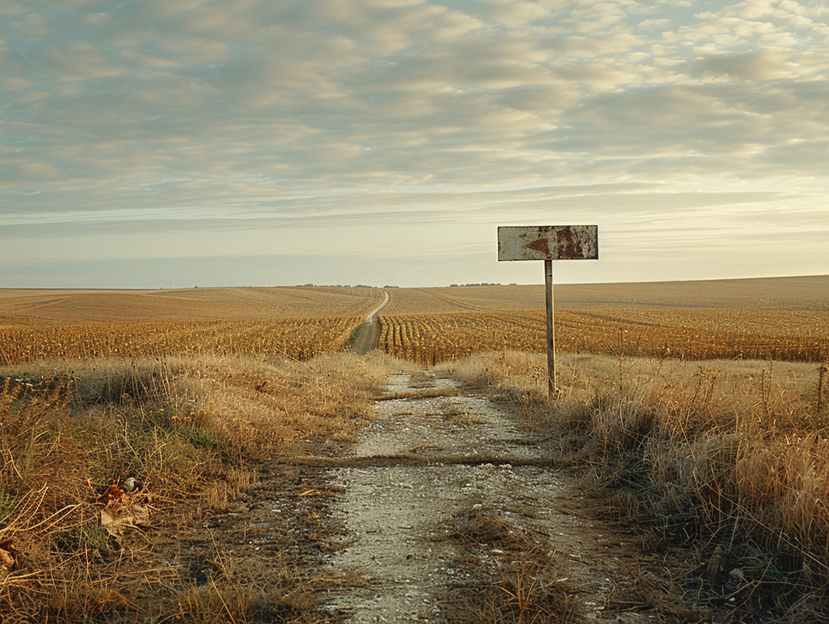 a high quality photography,of a rural scene with a strong focus on street imagery and the open landscape. It seems as if the photo was taken in the genre of street photography with elements of landscape photography. The composition of the image is simple, with the signpost in the foreground directing the eye in two possible directions, surrounded by the wide field in the background. Technically, the image is well exposed, with natural colours and an appropriate depth of field. The placement of the sign in the centre of the image and the straight lines leading in different directions on the road could be interpreted as a metaphor for decision making or life paths. The style is reminiscent of the matter-of-fact depiction of a Stephen Shore, who often captures everyday scenes with a certain banality that makes the viewer think --chaos 10 --ar 4:3 --style raw --stylize 200 Job ID: d6f2c43d-8d90-4ba4-b5c9-f5543b376e59