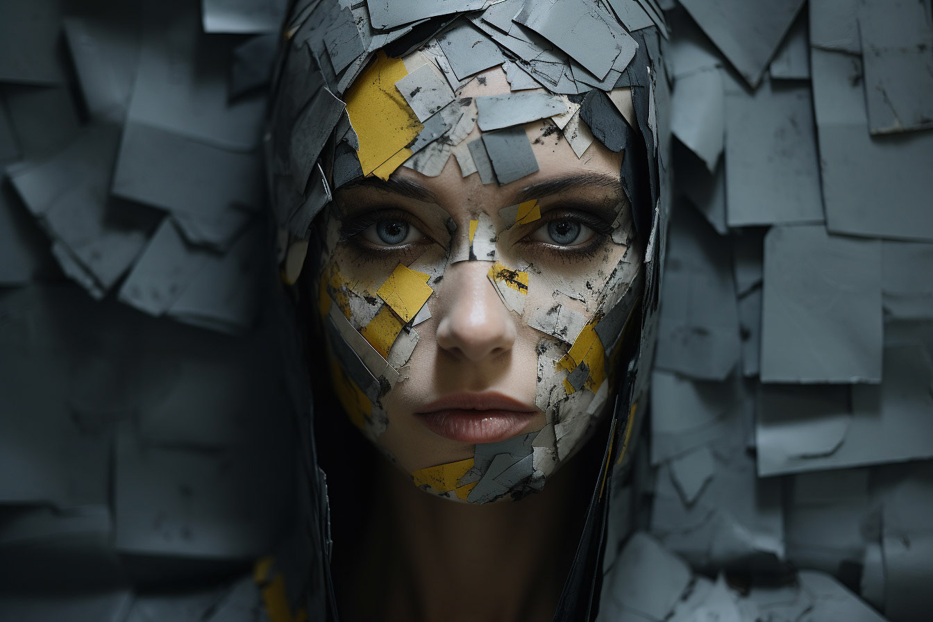 https://s.mj.run/RC-KjClWiBU 2D flat collage of wet printed newspaper pieces shaped as a flat 2D mask, in the style of light yellow and dark gray, printed paper, uneven textures, unrecognizable face, skeletal, trace monotone, fragmented portraiture --ar 3:2 --style raw --stylize 750 --v 5.2 Job ID: 57ccbace-661e-4463-8bf7-5cb6b73b5b4b