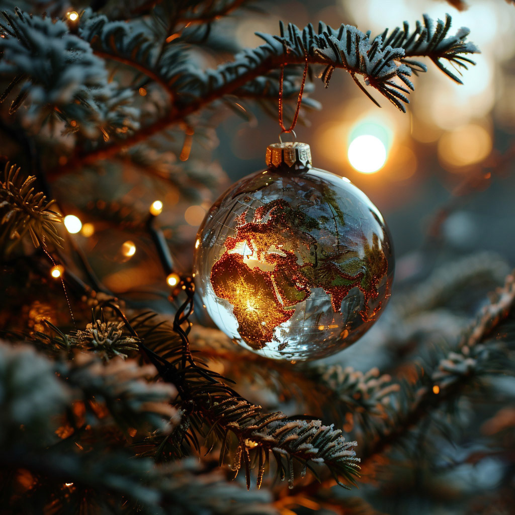 a high quality photo with natural colors, A Christmas tree bauble in the shape of the earth, displaying the continents of the world, representing the fragile world and the hope that the next year will be better--ar 3:2 --stylize 750 --v 6 Job ID: 93f5670c-104d-40ef-82ae-d63a0b5ee916