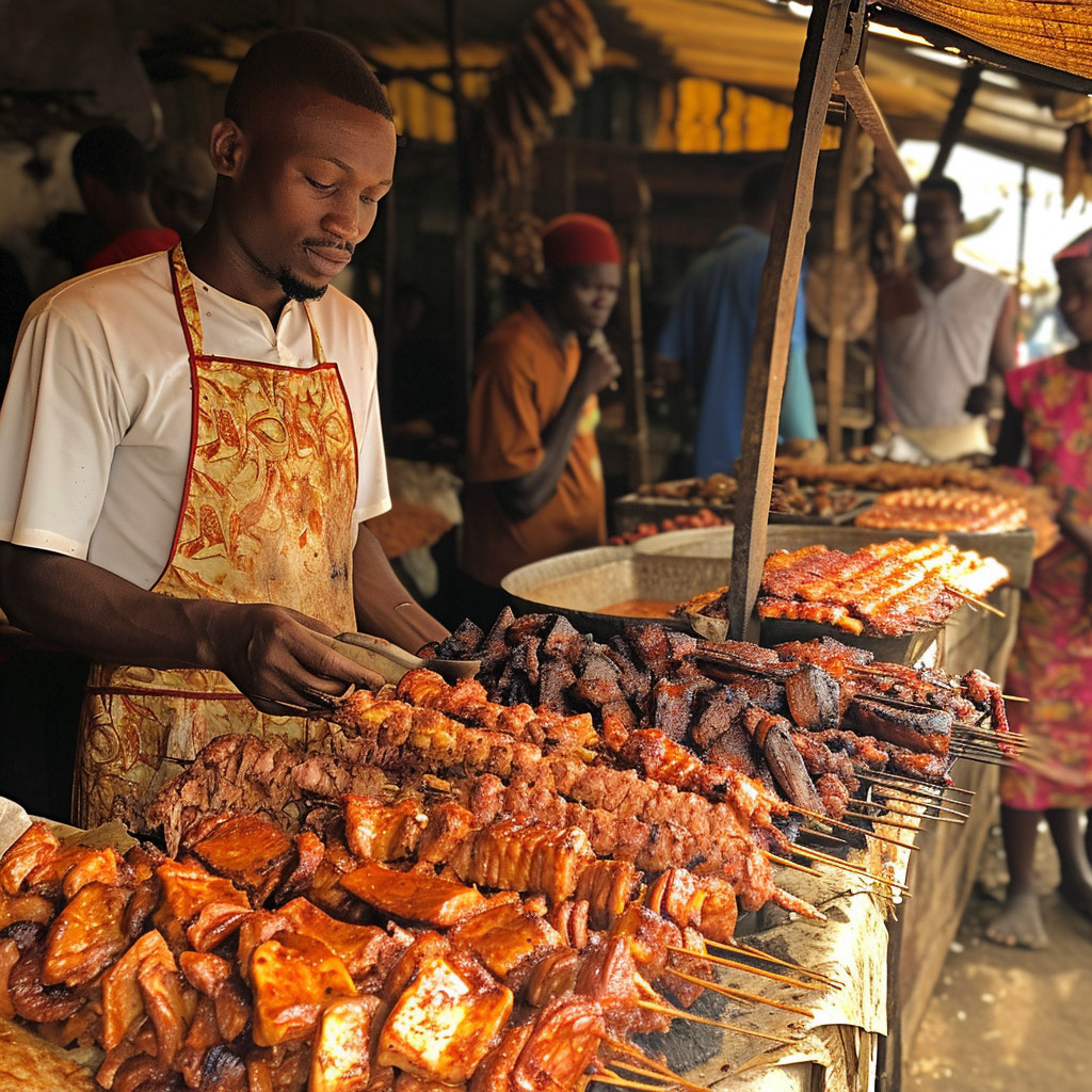 photo of a typical Nigerianian suya meat stand --style raw Job ID: 1f982ee1-c5a8-4289-b0ab-39e0de559724