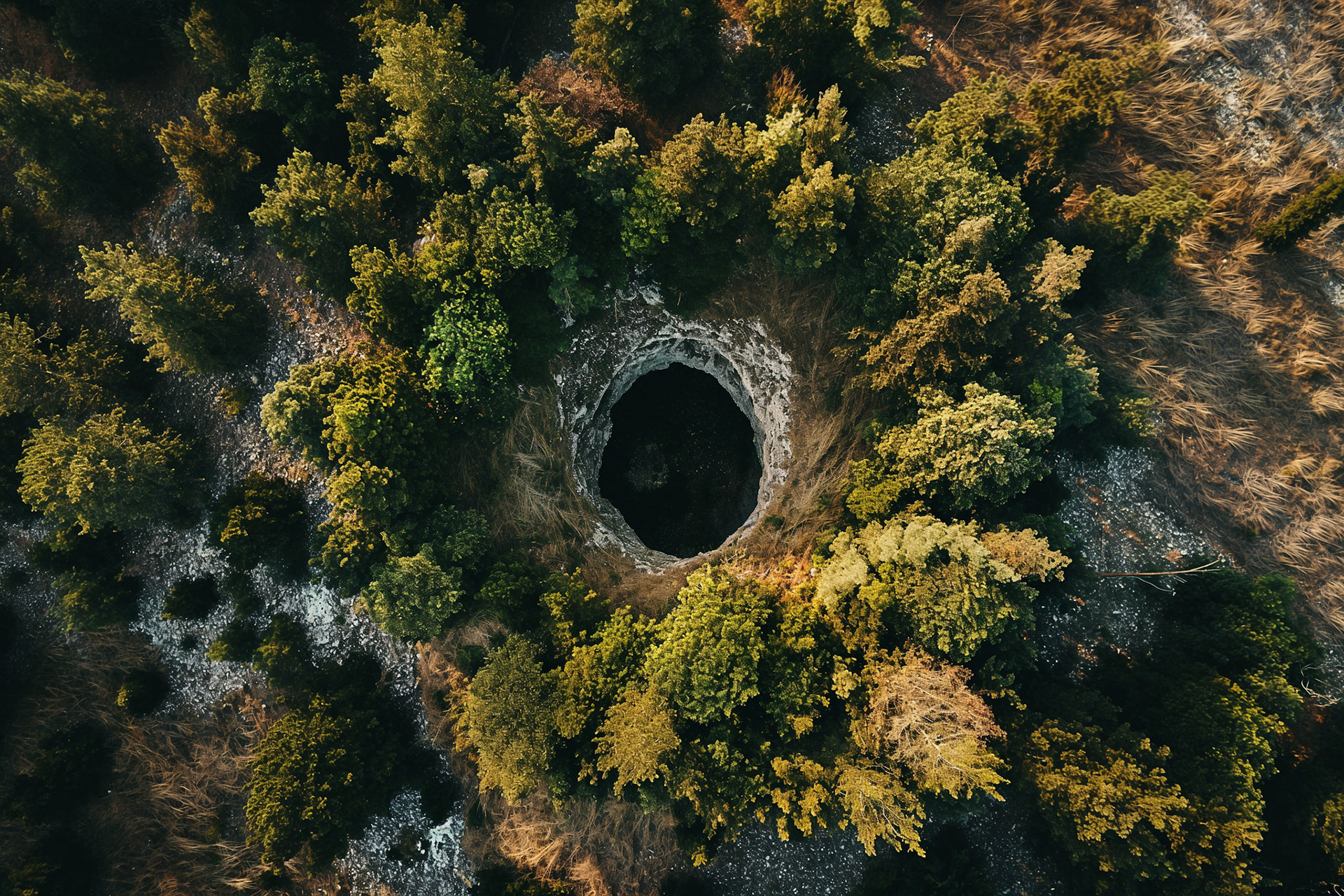 a photography taken from a drone, directly 90 degree down angle, showing a combination of trees, fields and rock, assemble to picture that looks like a human eye --ar 3:2 --style raw --v 6 Job ID: 6695bc0f-0d97-4fb3-9398-f44f0239d068