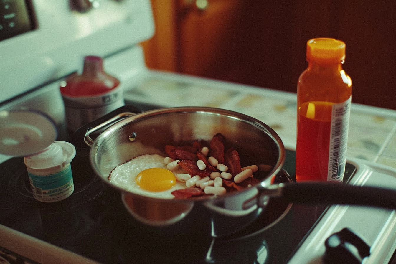 documentary photography of a saucepan filled with medication, combined with egg and bacon, next to it a bottle of cough syrup --ar 3:2 --style raw Job ID: 25e21ddc-08e8-4331-8705-a75ecc6a4190