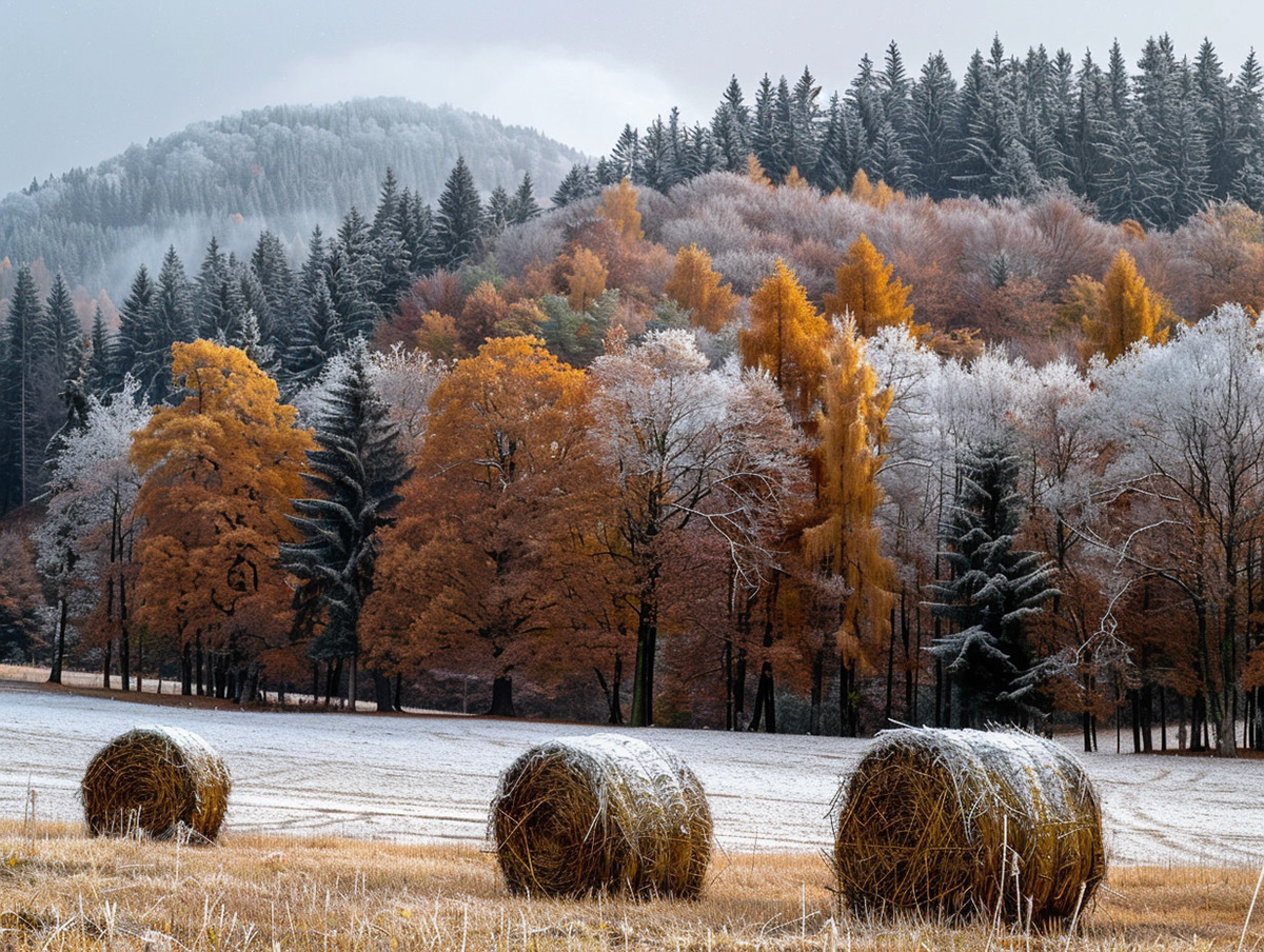 landschaftsphotography, eine Gruppe von Rindern, die harmonisch in einem goldenen Feld positioniert sind, mit einem Hintergrund aus BÃ¤umen und einem Berg, der leicht mit Schnee bedeckt ist. Die Farbpalette ist gedÃ¤mpft, was zu einem fast monochromatischen Eindruck fÃ¼hrt. Die TiefenschÃ¤rfe und das weiche Licht tragen dazu bei, die Textur des Grases und den sanften Abfall der Berge hervorzuheben. Es wirkt, als wolle der Fotograf die Stille und Friedlichkeit der Natur vermitteln. --chaos 10 --ar 4:3 --style raw --stylize 200 Job ID: e3c07b6e-fee9-4dfe-9037-a03deee6a980