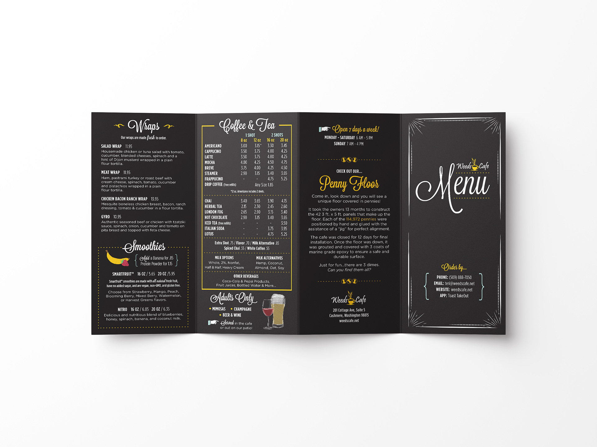 Exterior panels of 4 panel roll fold chalkboard style brochure menu.
