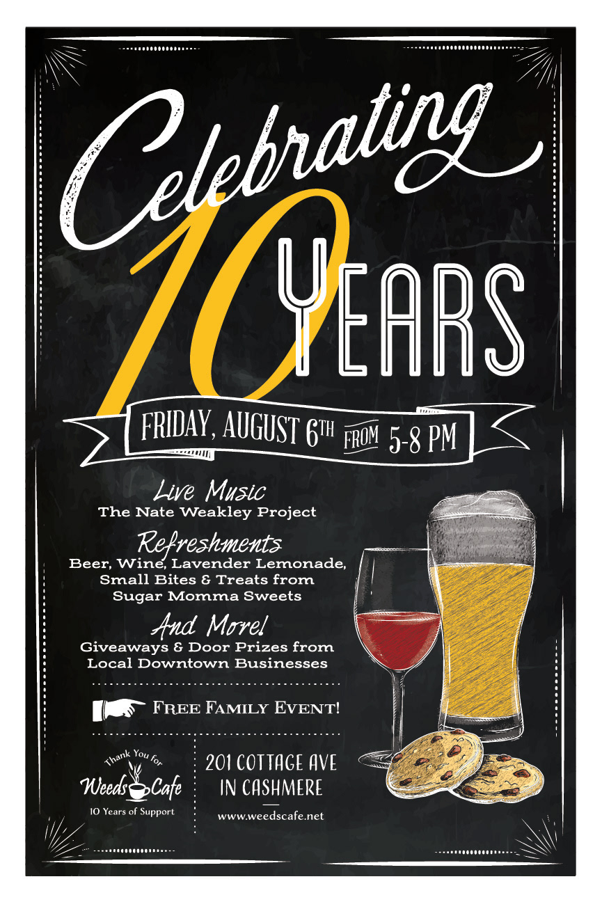 Chalkboard style poster for Weed's Cafe 10th Anniversary celebration.