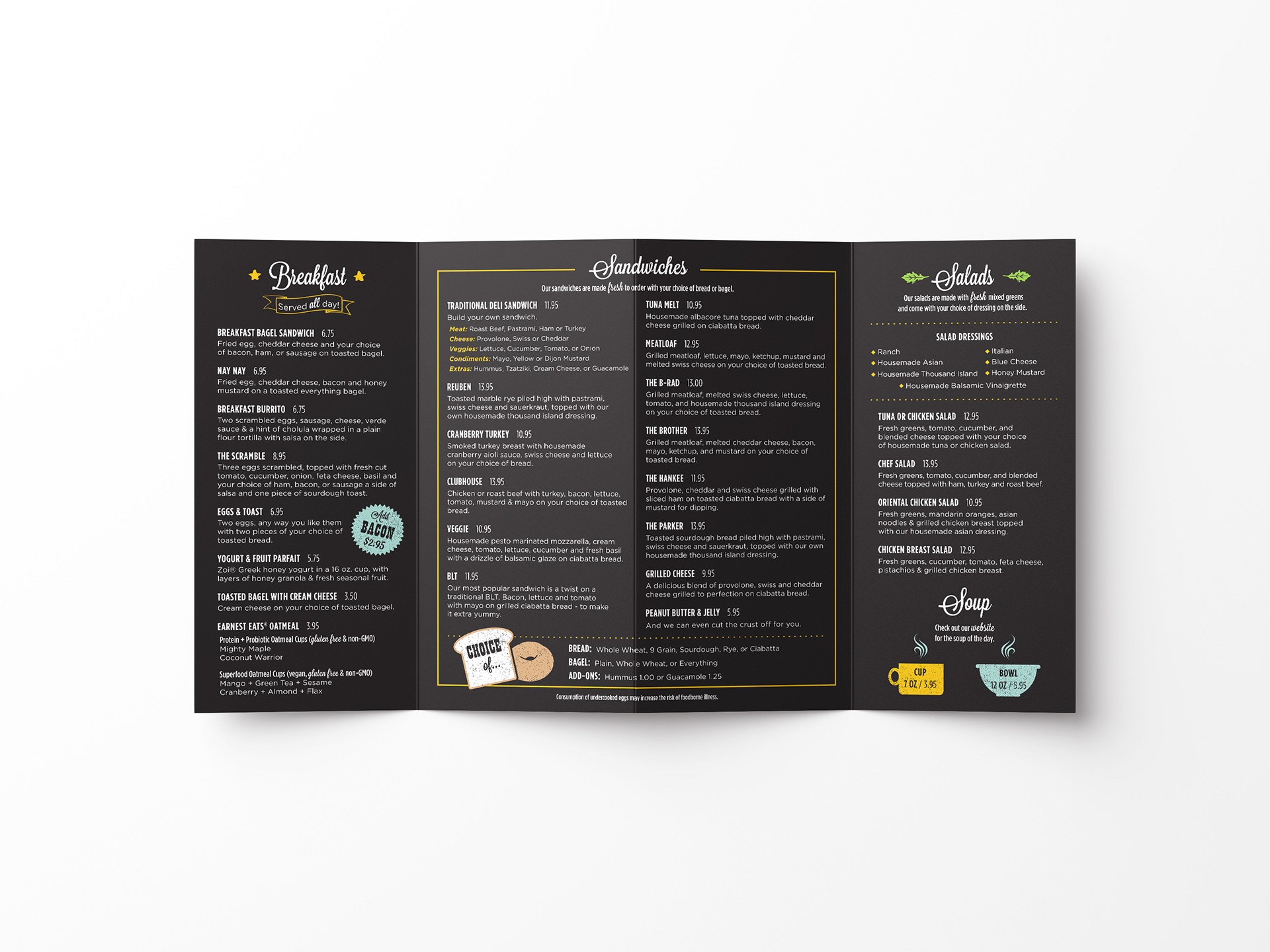 Interior panels of 4 panel roll fold chalkboard style brochure menu.