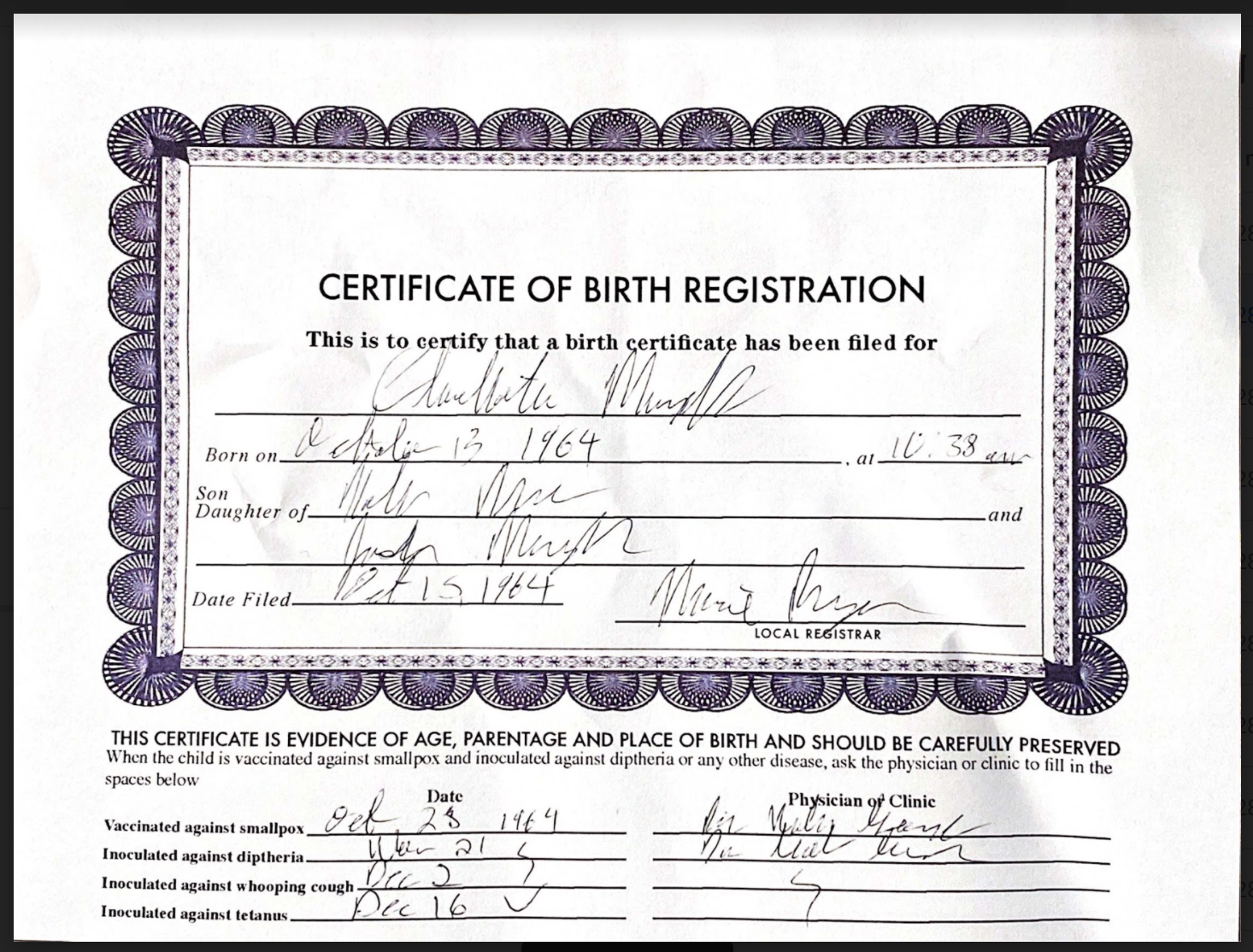 Certificate of Birth Registration 1960s