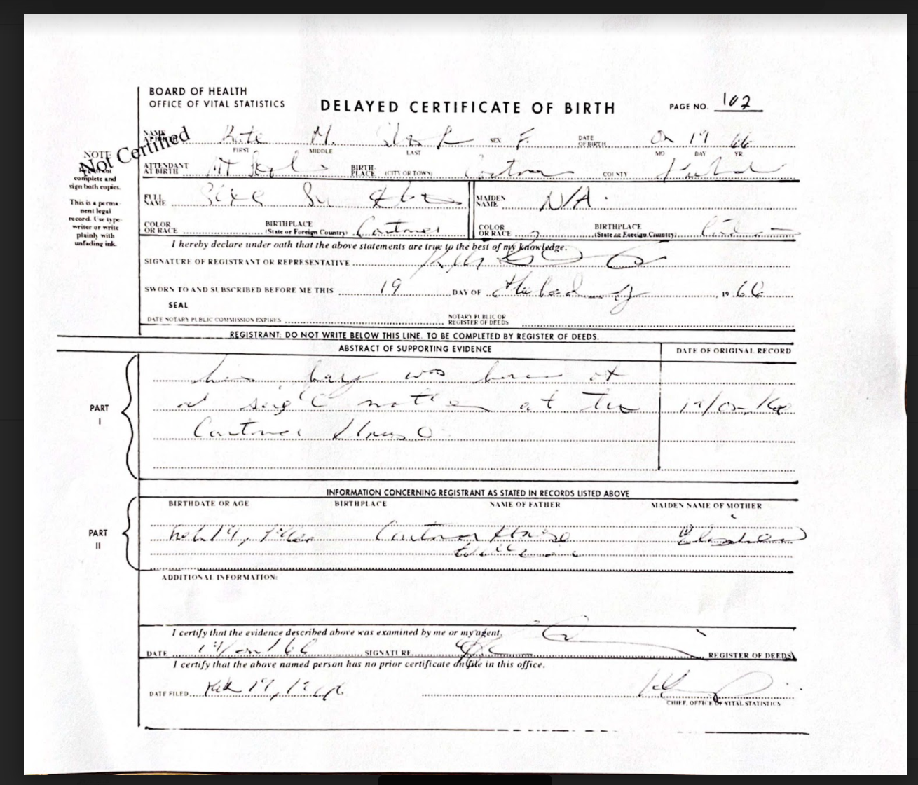 Delayed Certificate of Birth 1960s