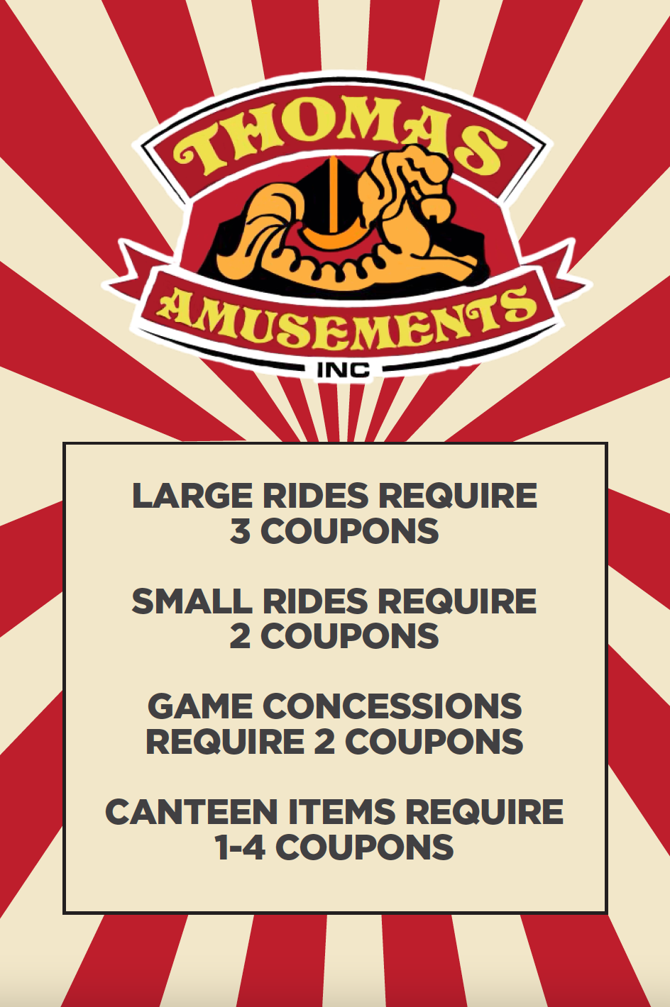 Thomas Amusements Rate Card 1987