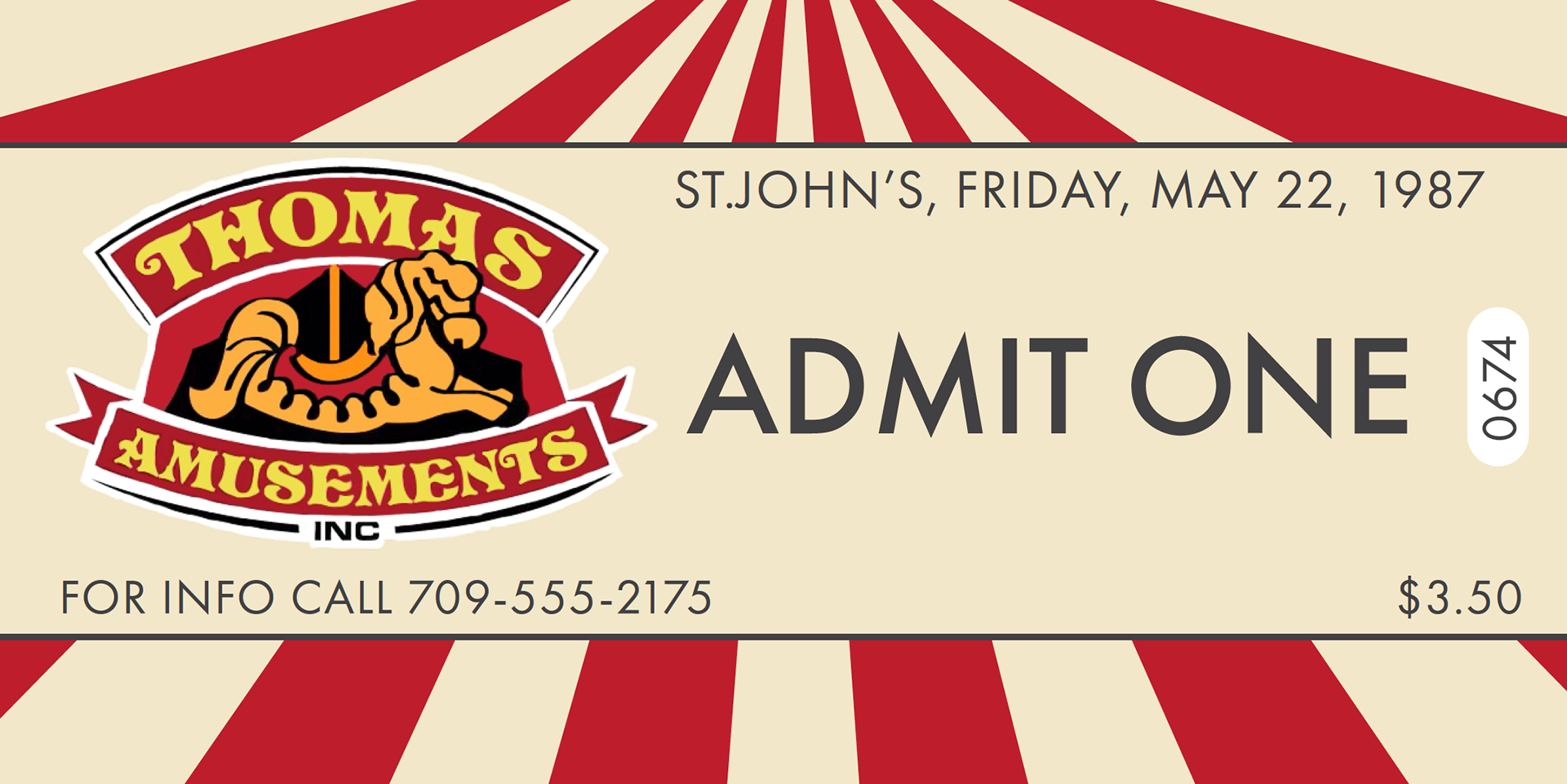 Thomas Amusements Admit One 1987