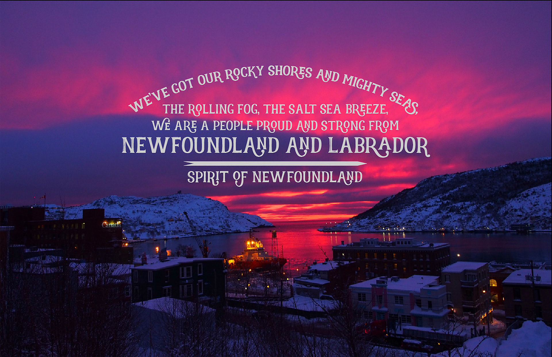 A poster design for Spirit of Newfoundland productions featuring a verse from their theme song