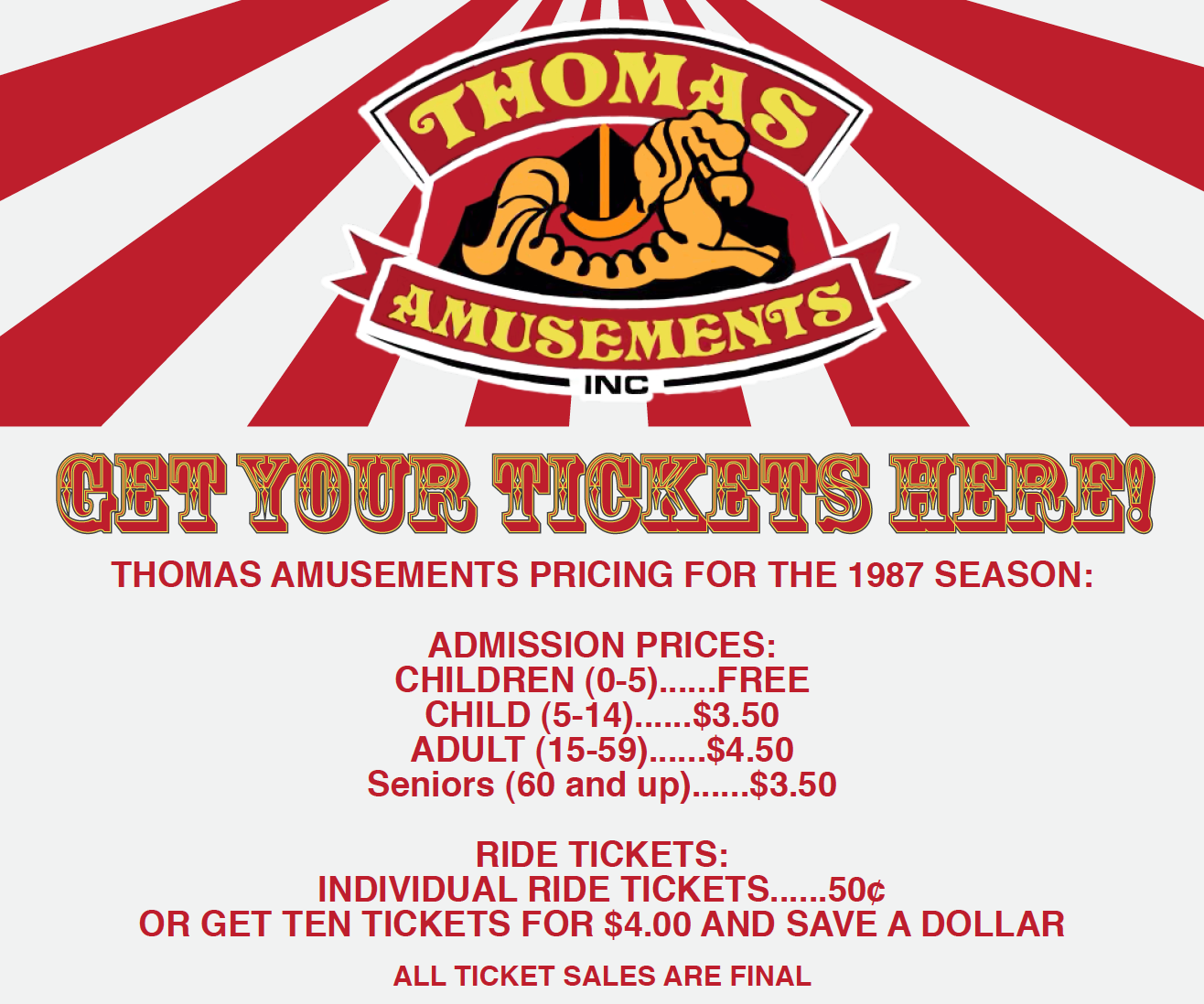 Thomas Amusements Ticket Sign 1987