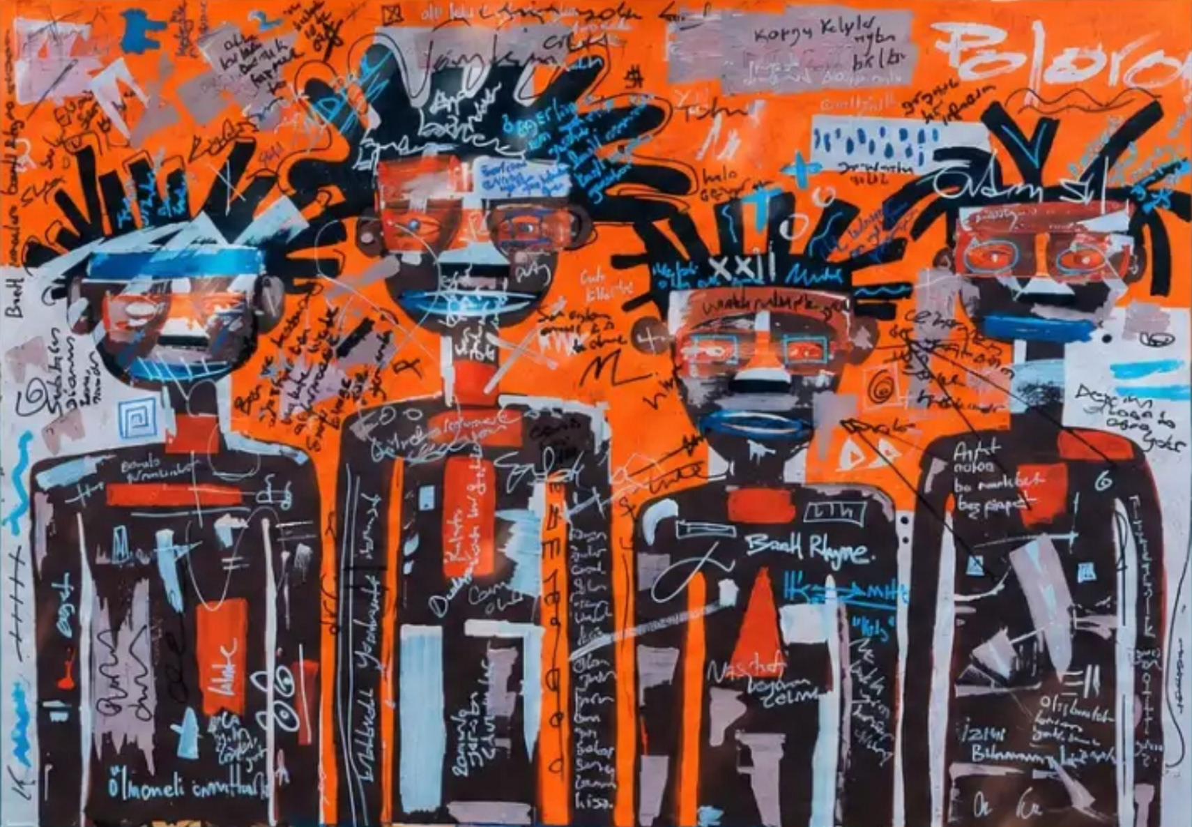 Babunakiler · Four stylised figures and handwritten marks on an orange background · MUTE ART GALLERY · Serdar Şenel Collection