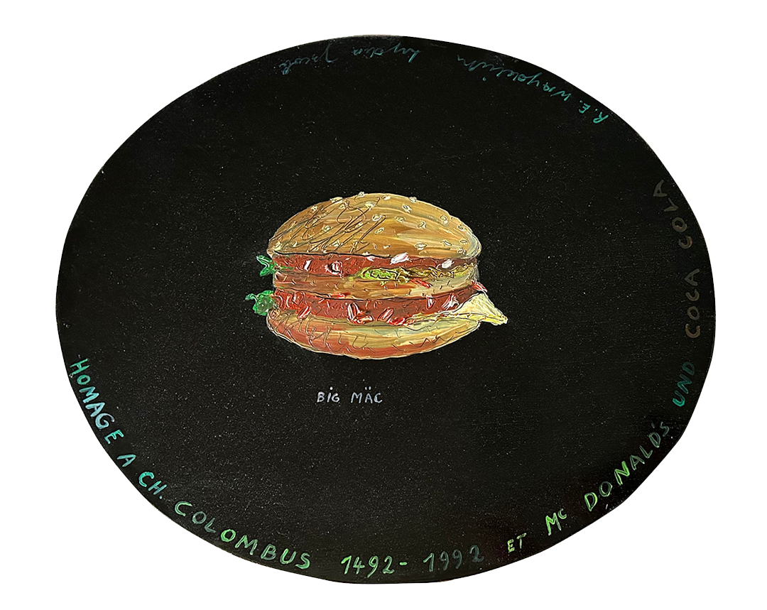 Raymond-Emile WAYDELICH, “Big Mäc : Hommage à C.Colombus : 1492-1992, Mcdonald's et Coca-Cola”, 1992, Oil on Canvas, 50 x 59 cm
