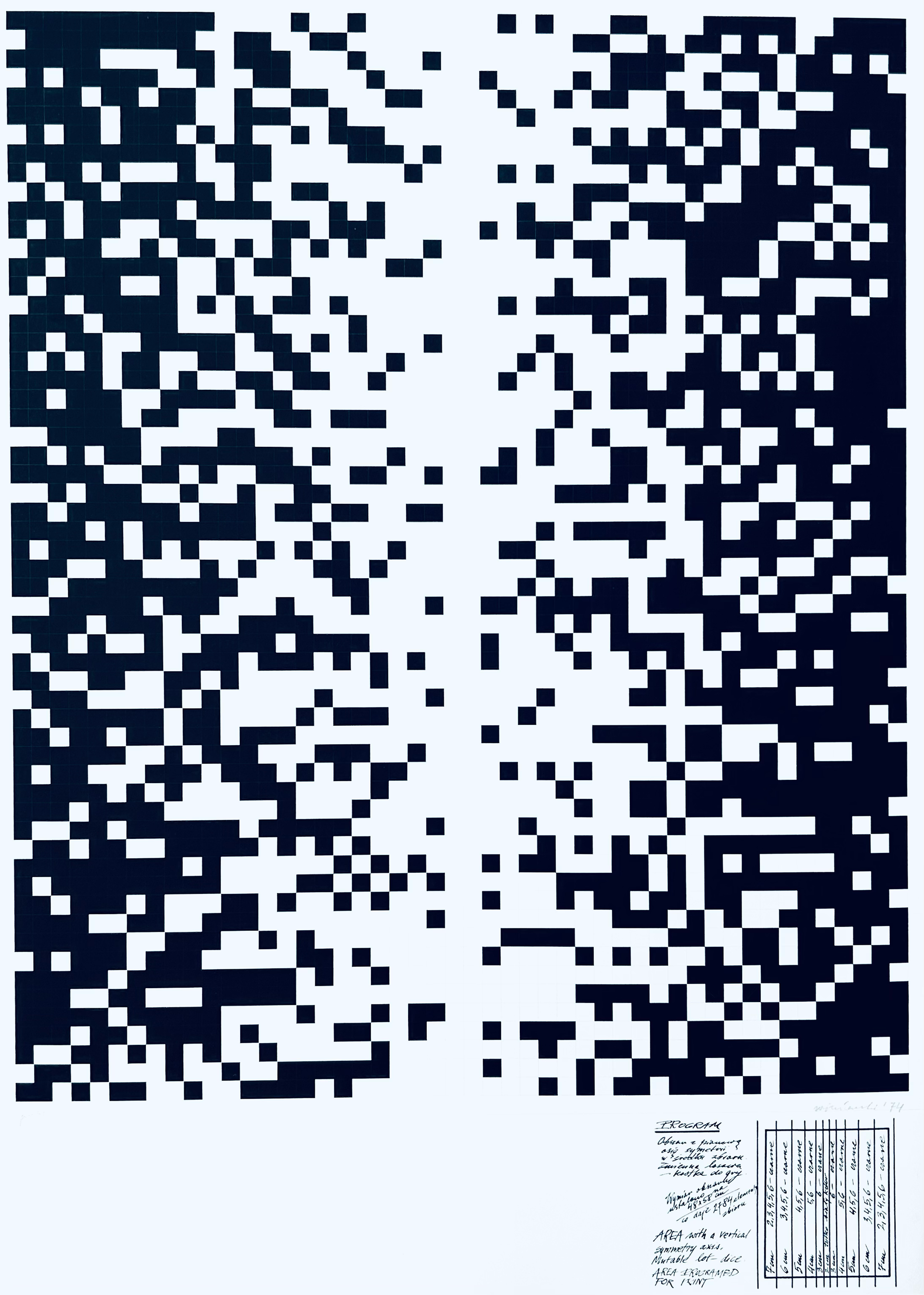 "Area with vertical symetry axis Mutable lot-dice", 1974, Serigraphy, 70 x 50 cm