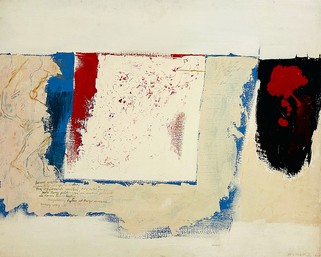 Włodzimierz KUNZ, “Krakow-6/45-Pejzaz-z-anegdota-6-1967-82x101cm-Mixed-Media-on-canvas