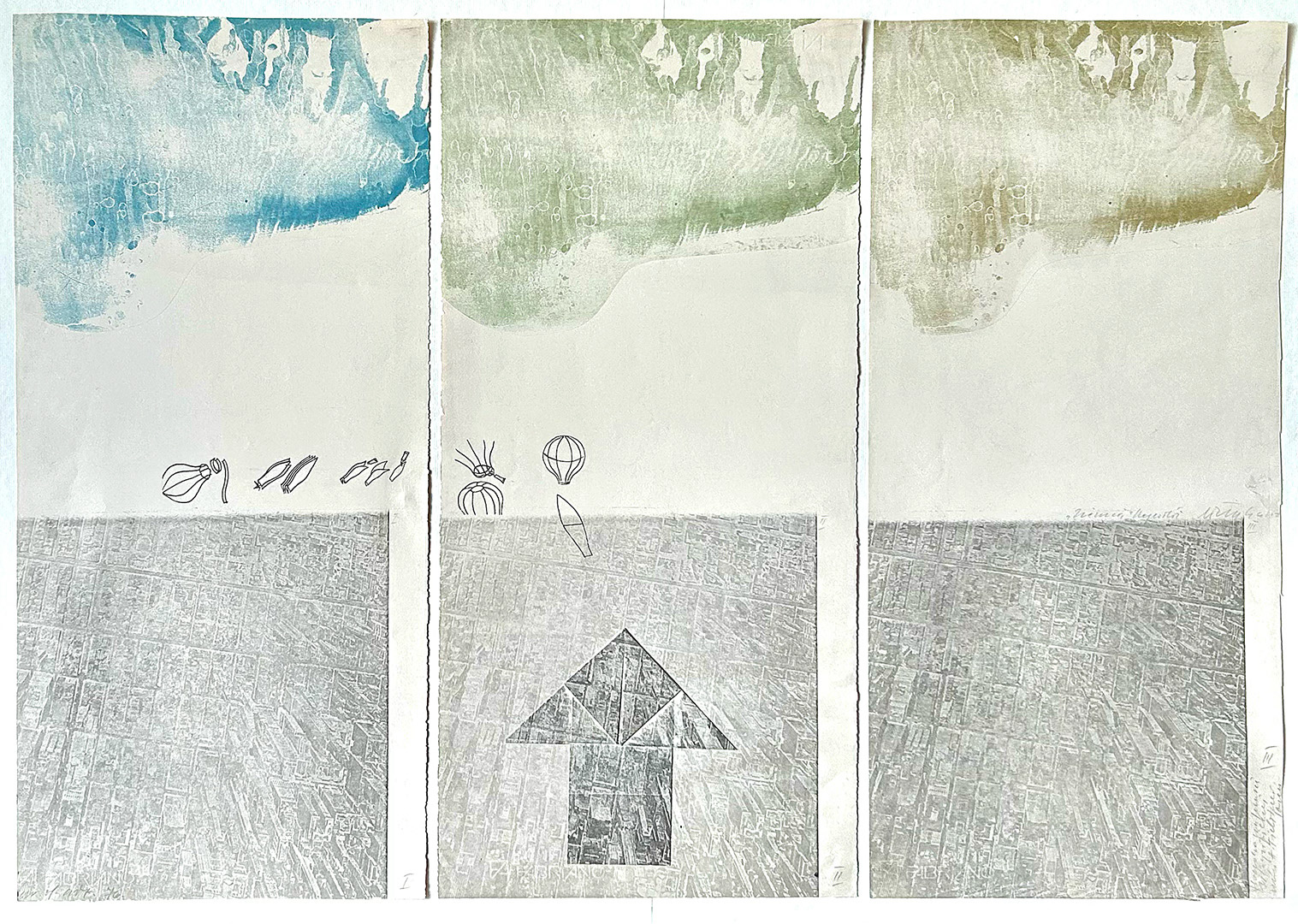 Włodzimierz KUNZ, "Tryptyk Reportaz Ziemia", 1976, Lithography E-A, collage, drawing, 3 x 70 x 33 cm