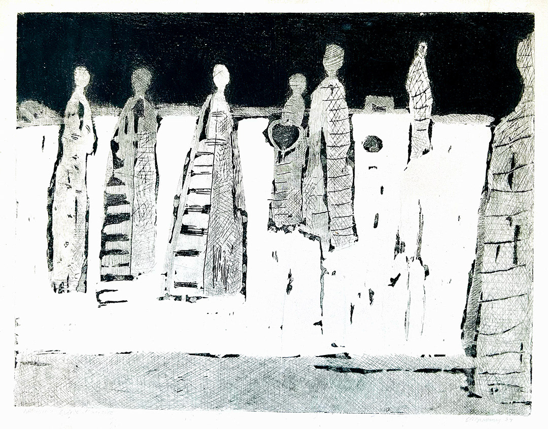 Halina Chrostowska, "Statystki Cykl Komedianci", 1961, Etching, E.A, 60 x 75 cm
