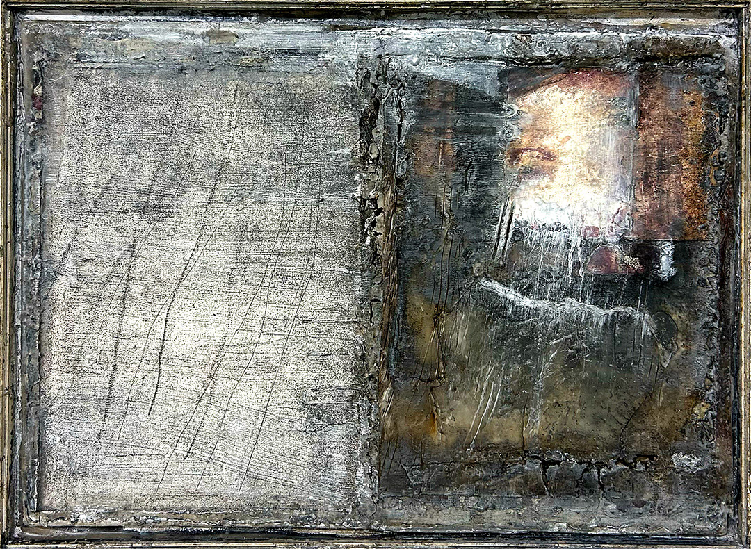 Ulrich Gehret, « Visuelle Notiz Entdoppelte Netzhaut », Mixed Media on Wood with Paraffine, 2009, Dimensions : 35 x 50 cm