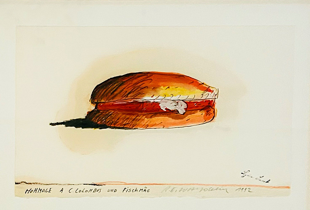 Raymond-Emile WAYDELICH, "Hommage à C. Colombus et et Cheese Burger", 1992, Mixed Media on paper, 24 x 40 cm