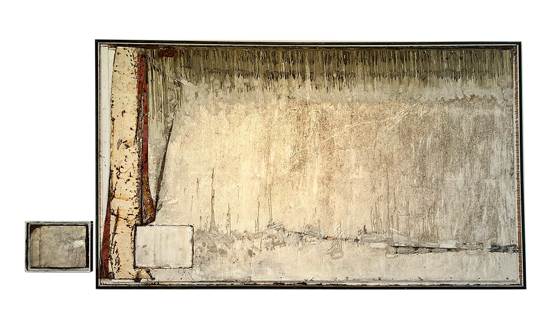 Ulrich Gehret, « Said to be-2 », Mixed Media on Wood with Paraffine, 1998, Dimensions : 172 x 305 cm + Visuelle Notiz: VN-28/98, 1998, Mixed Media on Wood with Paraffine, 35 x 46 cm