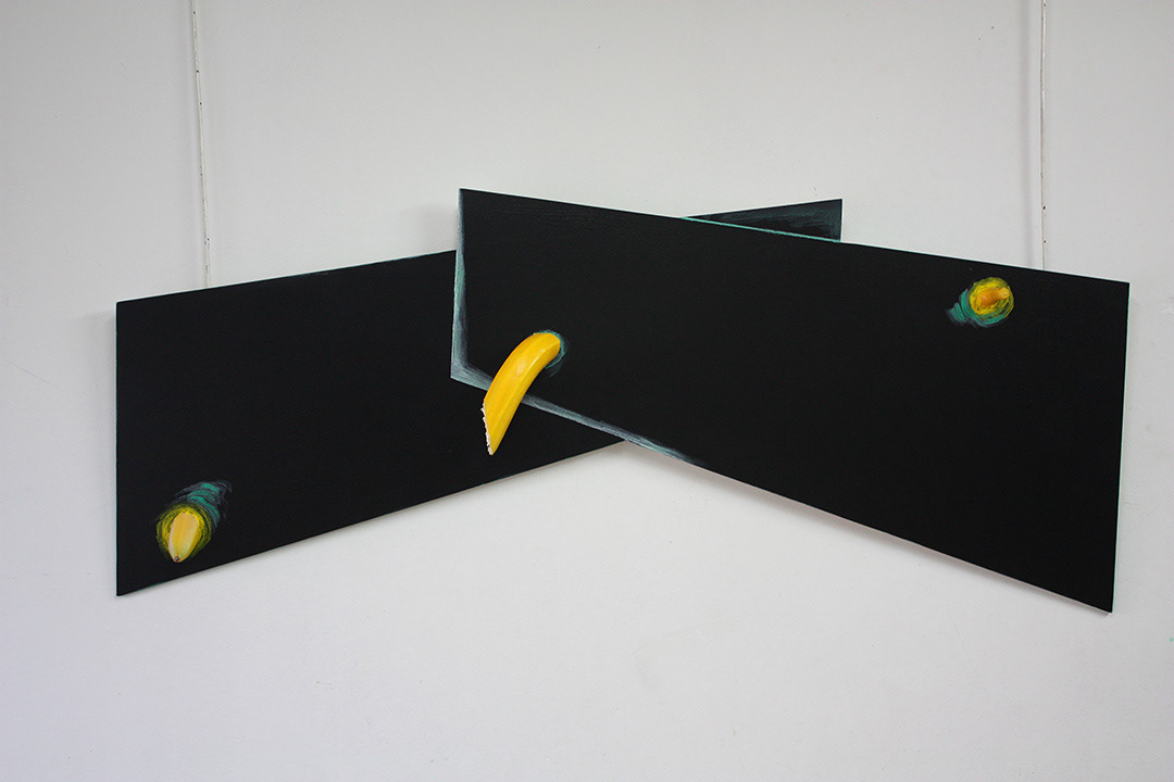 Marcin BERDYSZAK, "Transparency I, from the circle, Dialogues with my Father, 2015, 120 x 50 x 8 cm, Acrylic paint, Wood, Plastic fruit