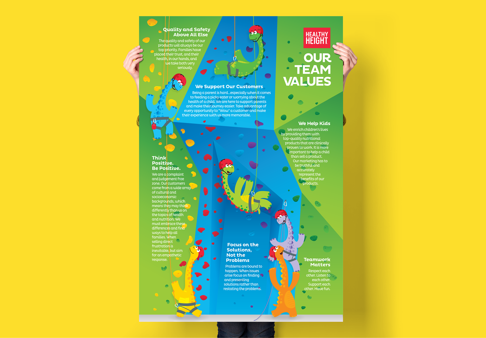 Poster of dinosaurs working as a team to rock climb. Company values written within little scenes (designs by Kat Vochoska).