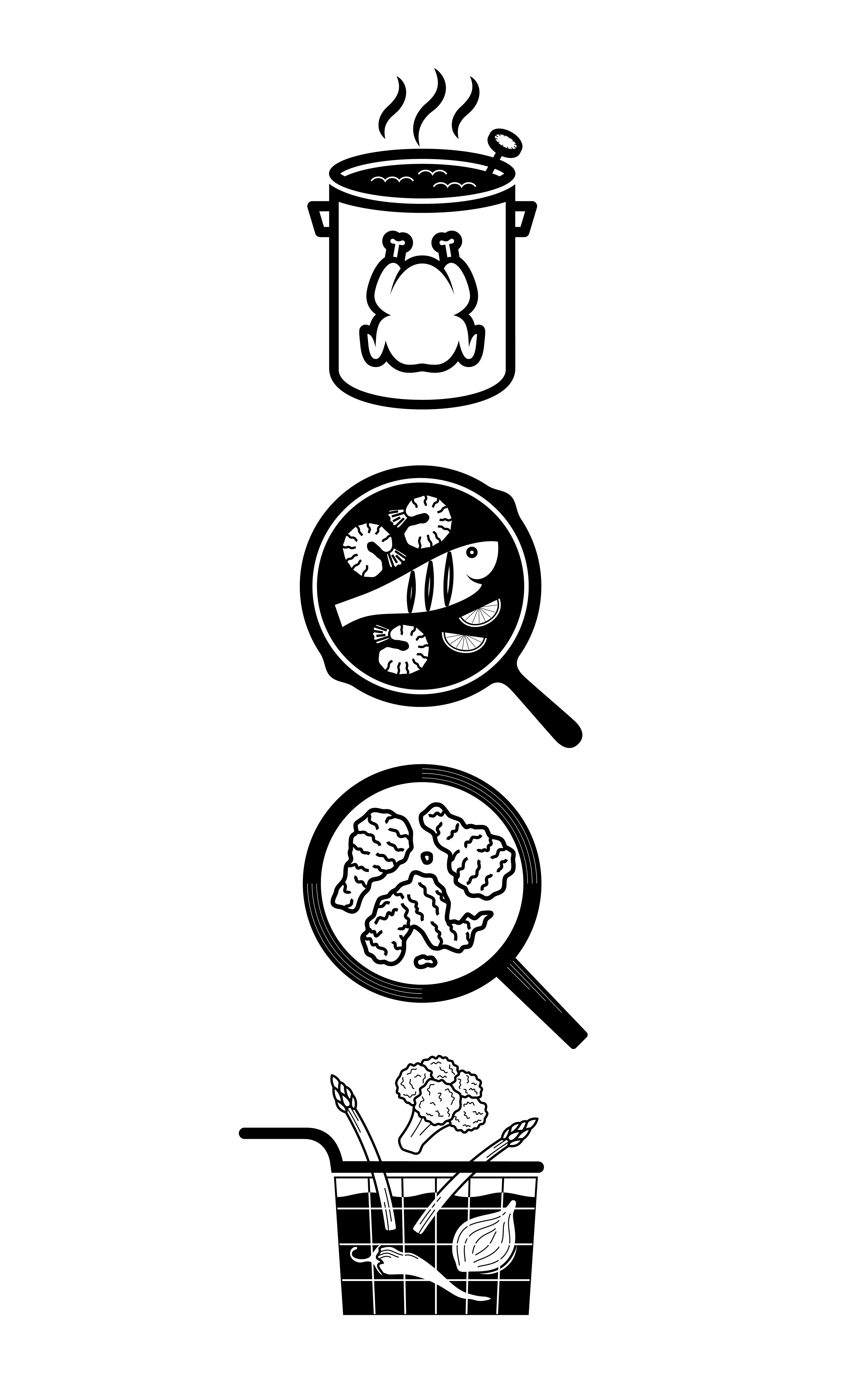 Icons illustrating different uses for frying oil: deep fried turkey, fish fry, battered fried chicken, and fried vegetables (designs by Kat Vochoska).