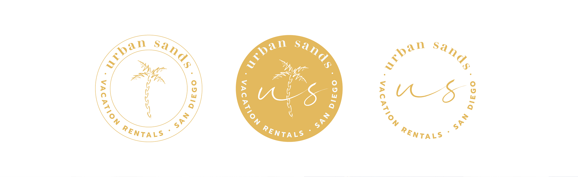Variations of the Urban Sands logotype, palm tree icon, and monogram set in gold coloration (designs by Kat Vochoska).