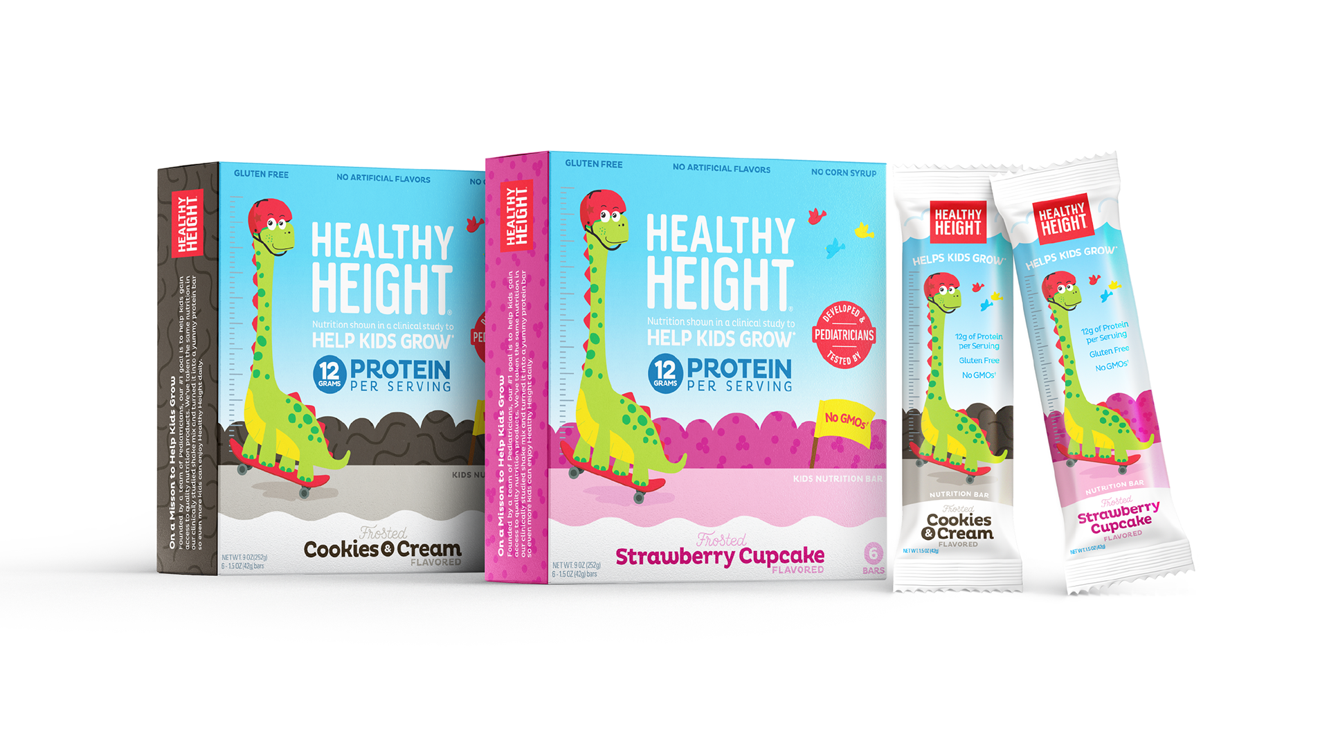 Photo of Healthy Height® kids protein bars and boxes, Cookies & Cream and Strawberry Cupcake (designs by Kat Vochoska).