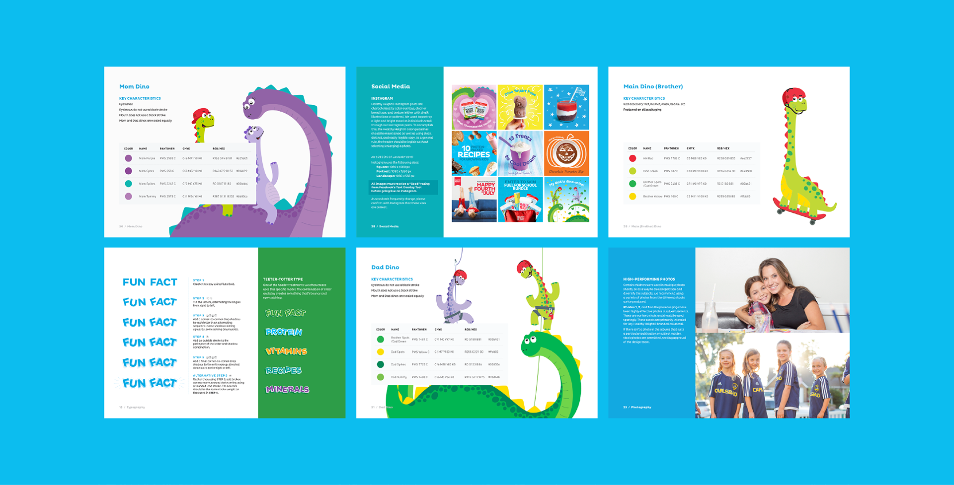 An image featuring six pages of the Healthy Height® Brand Guidelines (designs by Kat Vochoska).