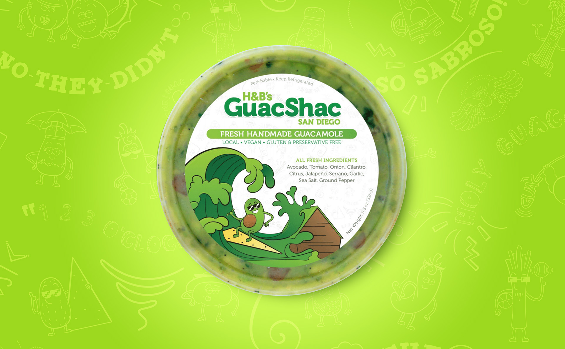 Photo of guacamole packaging featuring an avocado surfing on a chip. Container is on bright pattern (designs by Kat Vochoska).