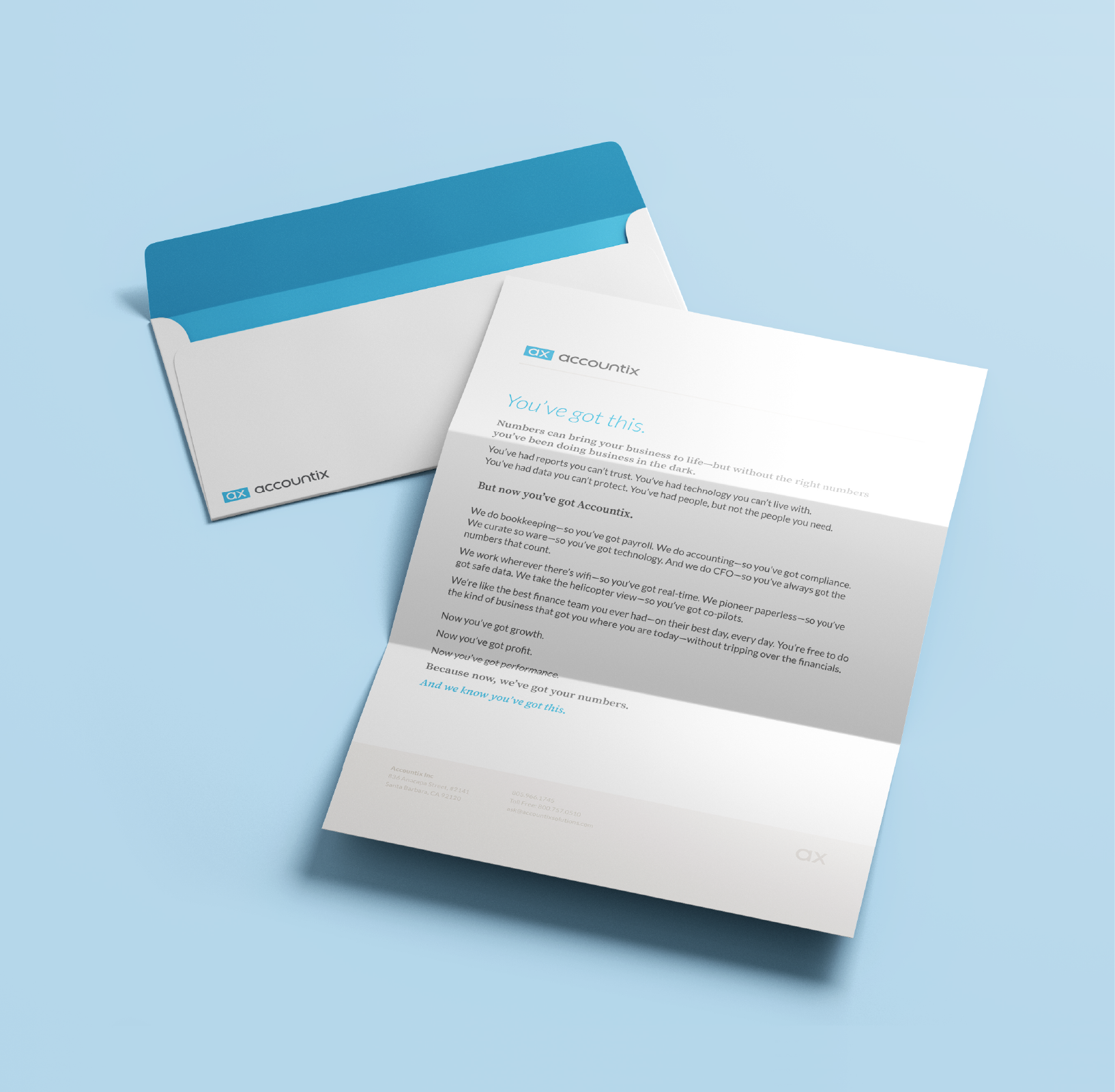 A photo of Accountix's stationery and standard envelope featuring the brand logo, blue, and tagline: "You've got this." (Designs by Kat Vochoska.)