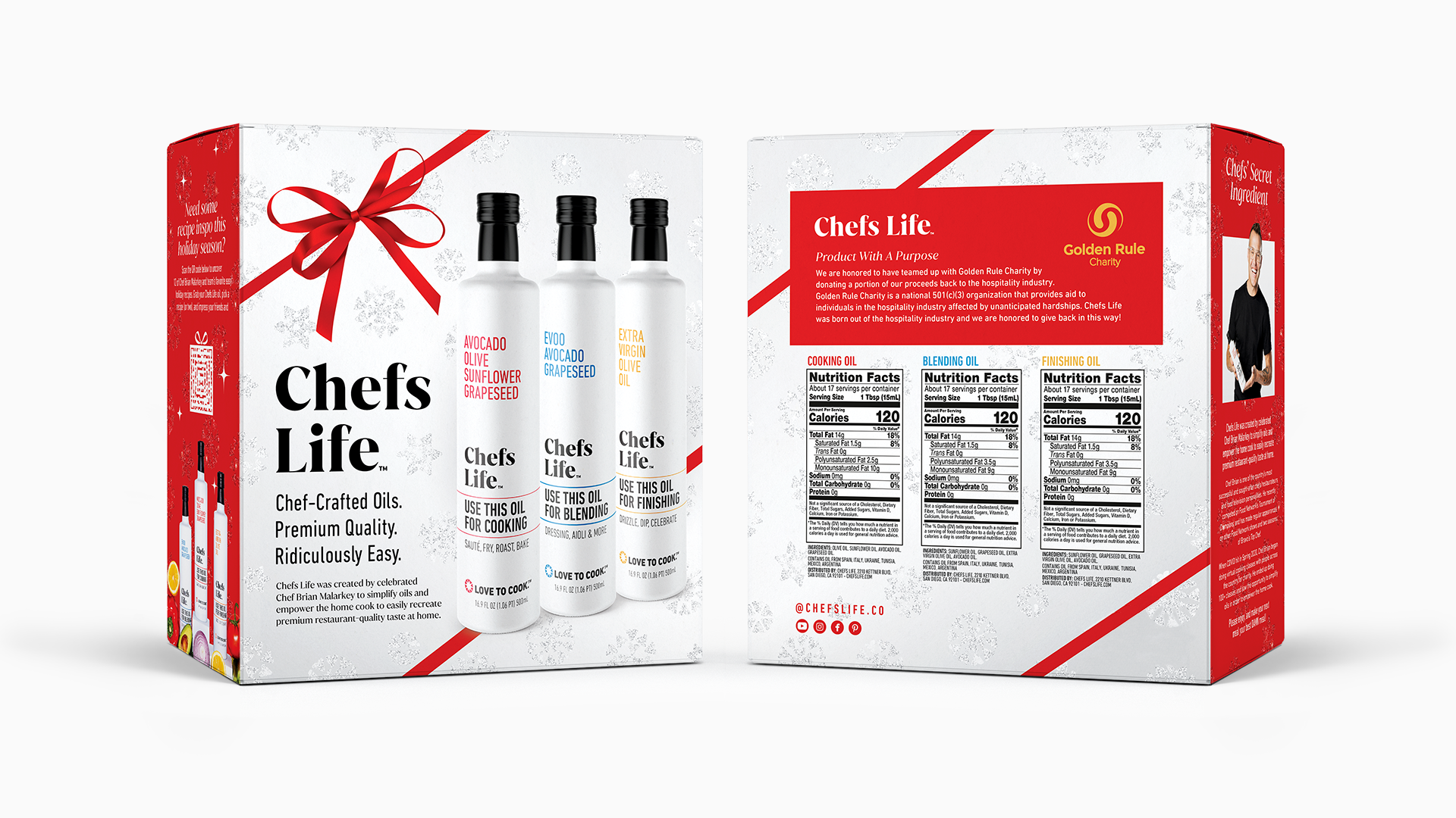 Chefs Life™ gift box mockup with subtle silver snowflake pattern and accompanied red bow (designs by Kat Vochoska).
