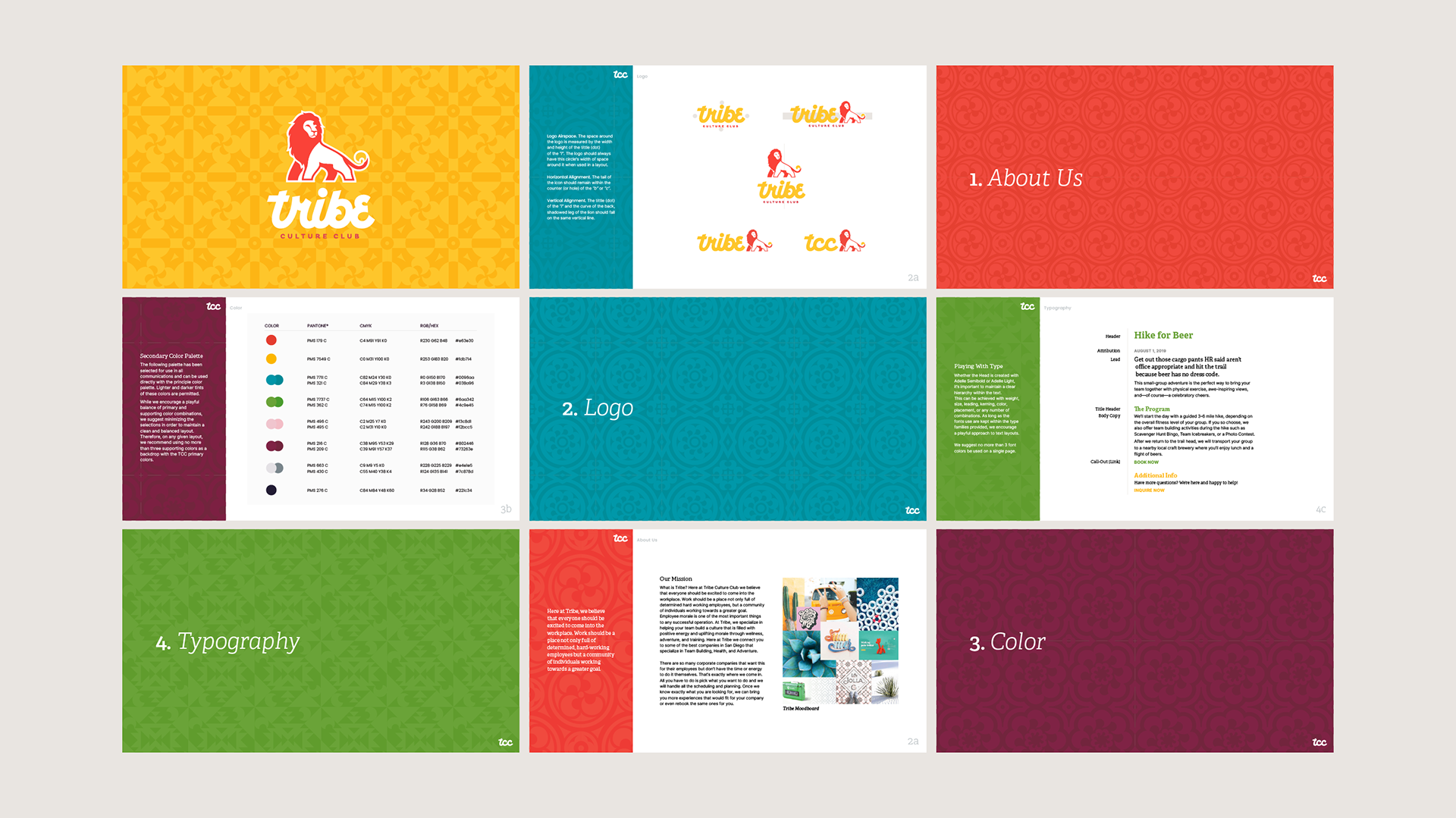 A photo featuring nine screenshots from the Tribe Brandbook showcasing color, type, and logo use (designs by Kat Vochoska).