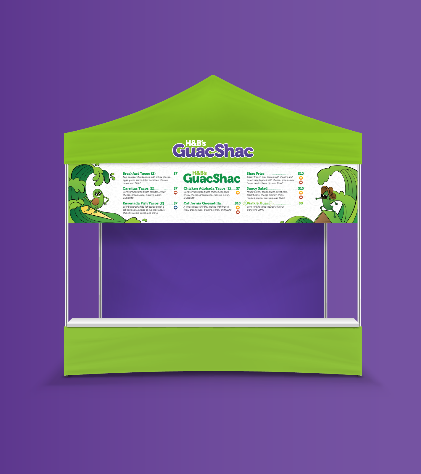Guac Shac's Farmer's Market setup with bright green EZ-Up and guacamole wave menu (designs by Kat Vochoska).