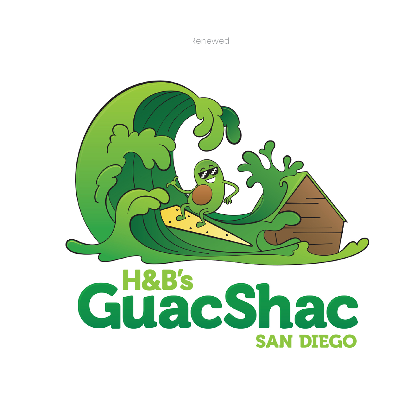 H&B's Guac Shac renewed logo with avocado surfing on a potato chip over a fun yet refined logotype (designs by Kat Vochoska).