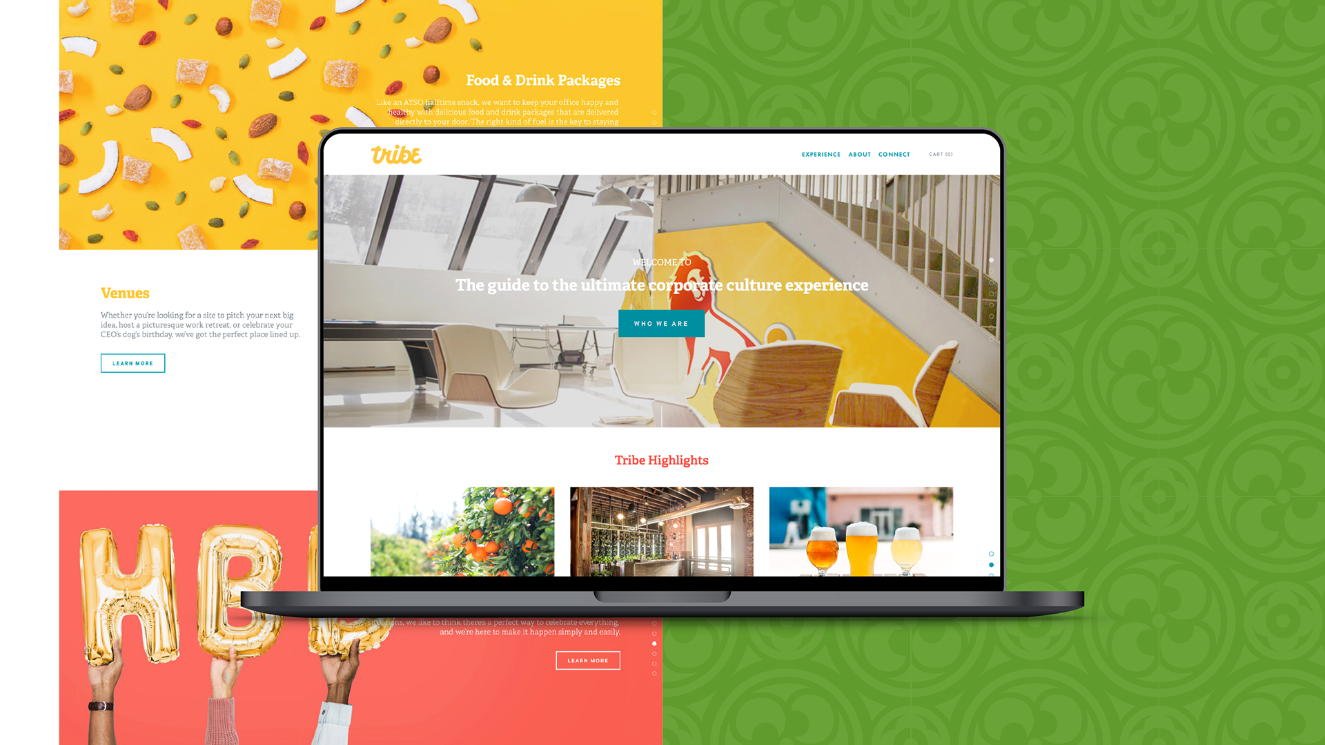 A laptop with the Tribe homepage on the screen and a portion of the website behind it (designs by Kat Vochoska).