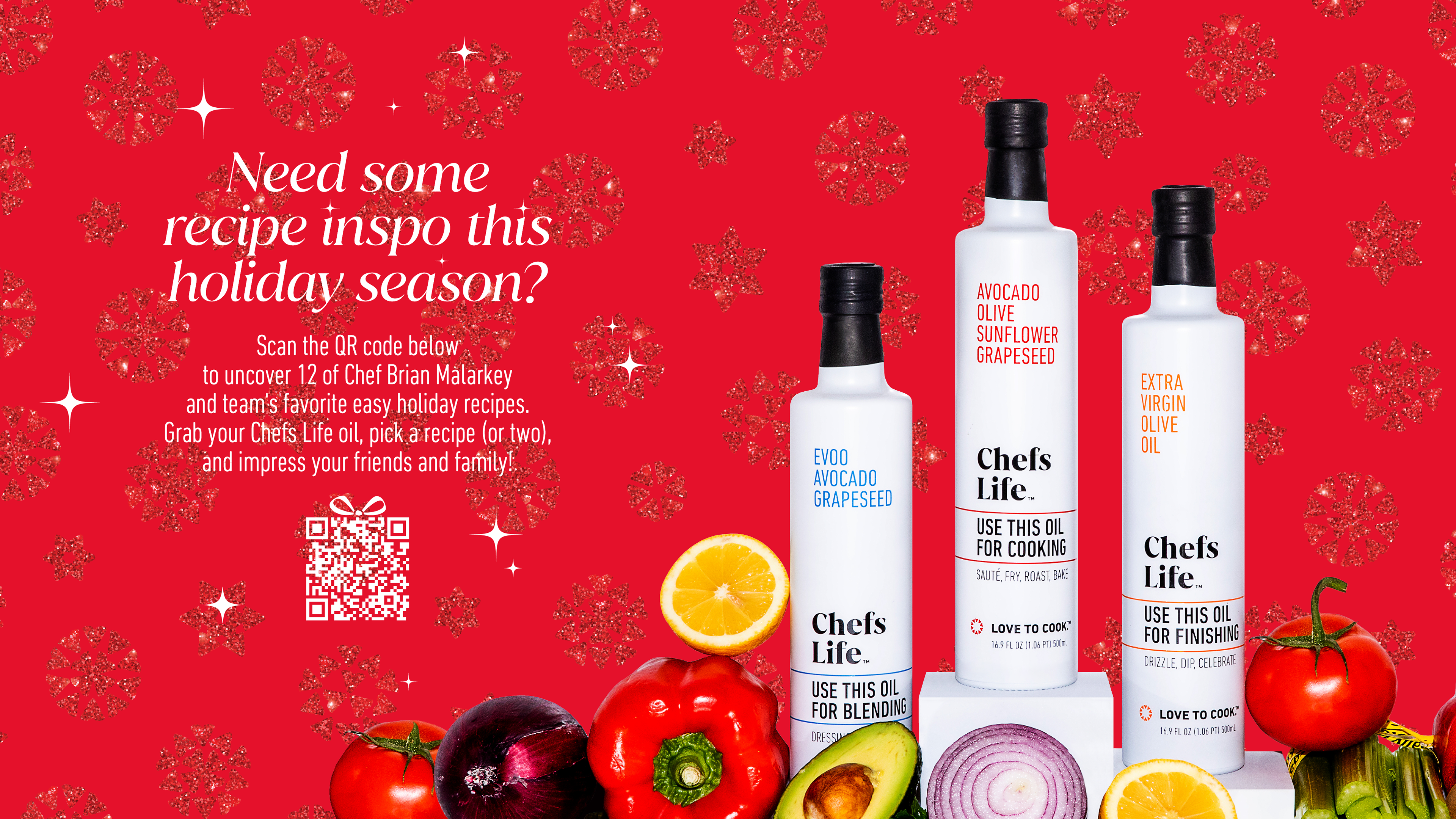 Small white stars around cooking oil bottles with holiday callout in a serif font on red background (designs by Kat Vochoska).