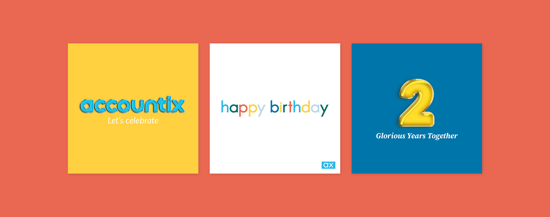 Three celebratory cards from Accountix's stationery: happy birthday, anniversary, and general (designs by Kat Vochoska).