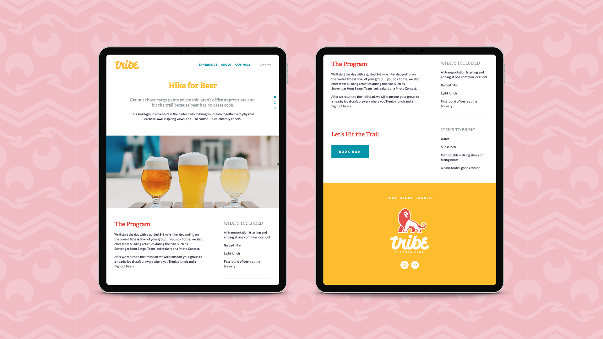 Two iPads with the top and bottom of a page from the Tribe website, on a pink pattern (designs by Kat Vochoska).