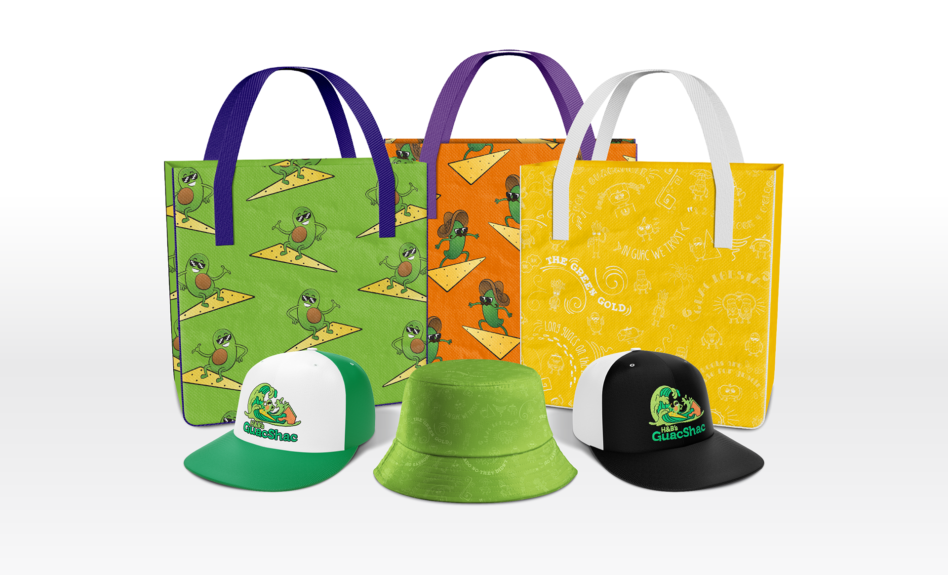 Three tote bags and three hats featuring the Guac Shac logo, pattern, or avocado or pepper surfers (designs by Kat Vochoska).