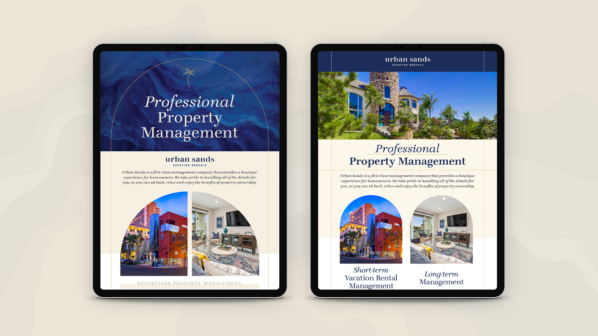 Screenshot of two email designs for marketing and announcement purposes set on an iPad (designs by Kat Vochoska).
