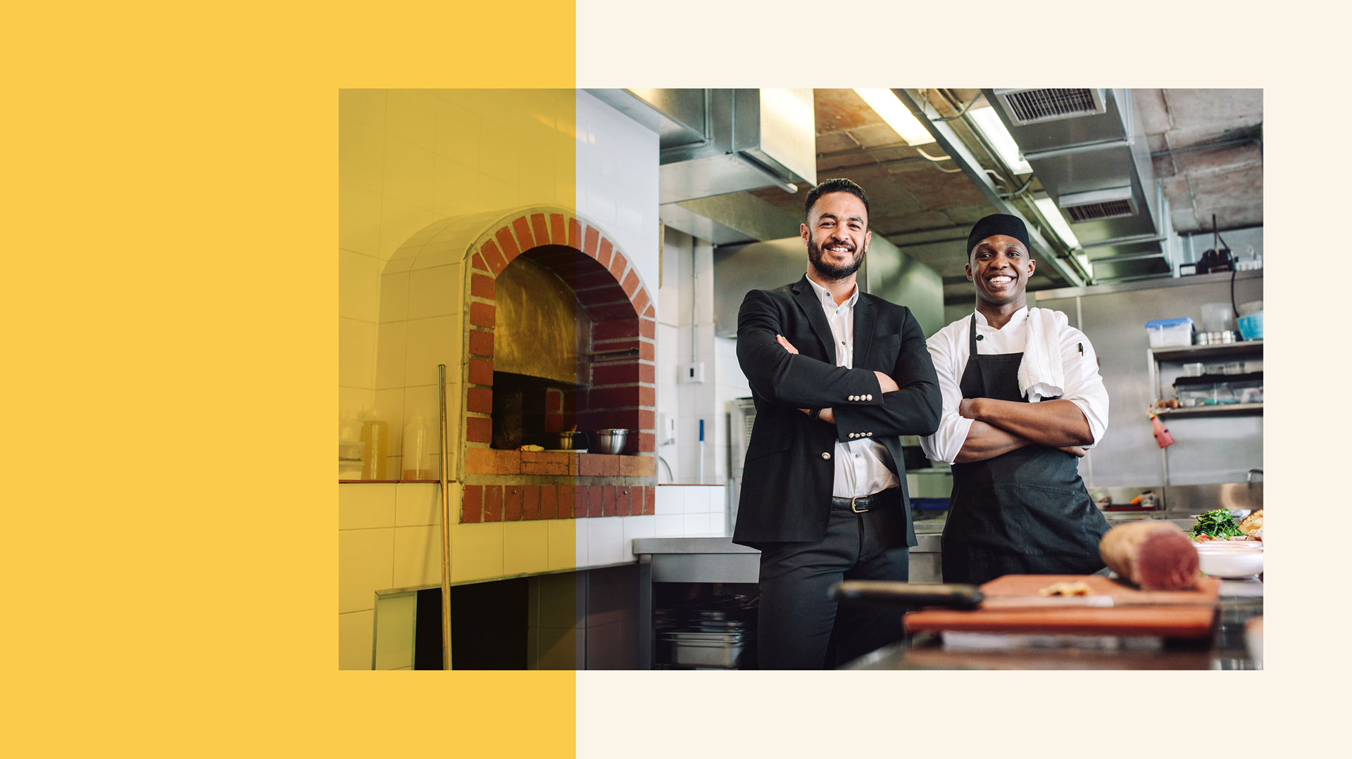 Photo of a small business owner and chef smiling with their arms folded in their kitchen (designs by Kat Vochoska).