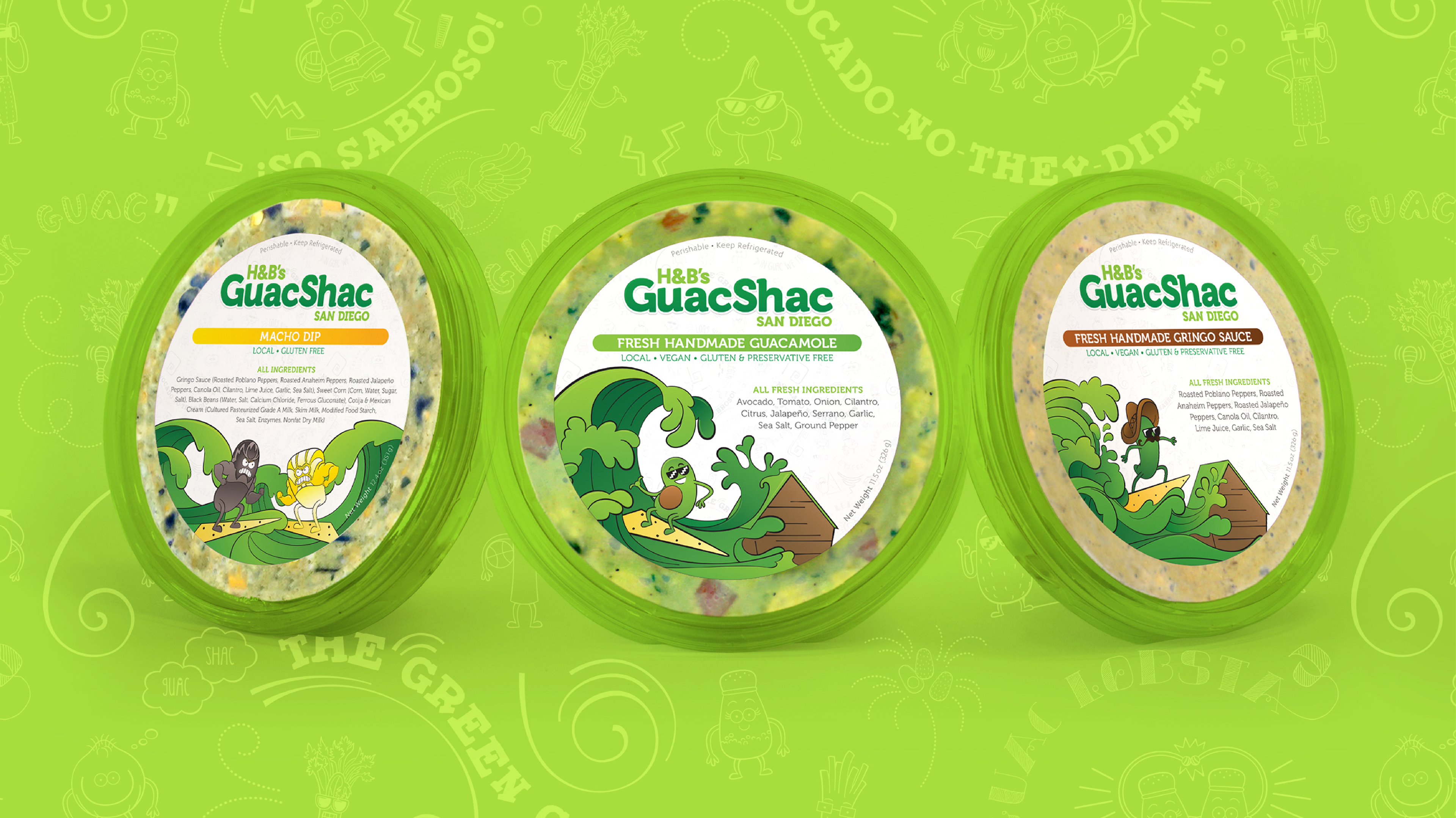 Photo of three food dips including guacamole, bean dip, and salsa on fun ingredient pattern (designs by Kat Vochoska).