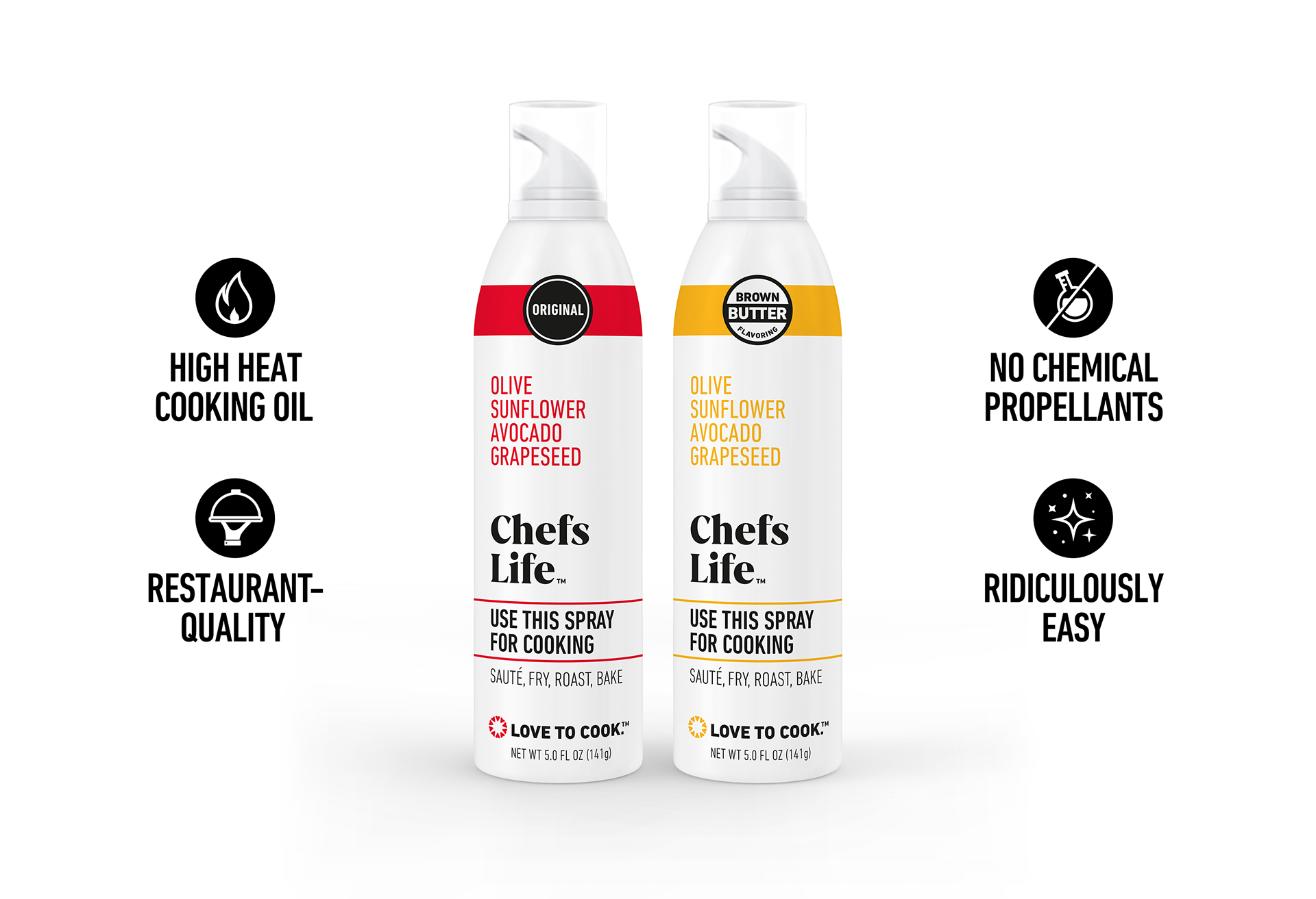 Chefs Life™ spray cooking oils in their Original and Brown Butter flavorings on white background (designs by Kat Vochoska).