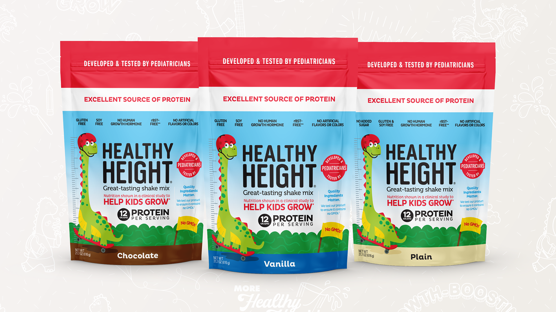 Photo of Healthy Height® kids protein mixes, Chocolate, Vanilla, and Plain, on light background (designs by Kat Vochoska).
